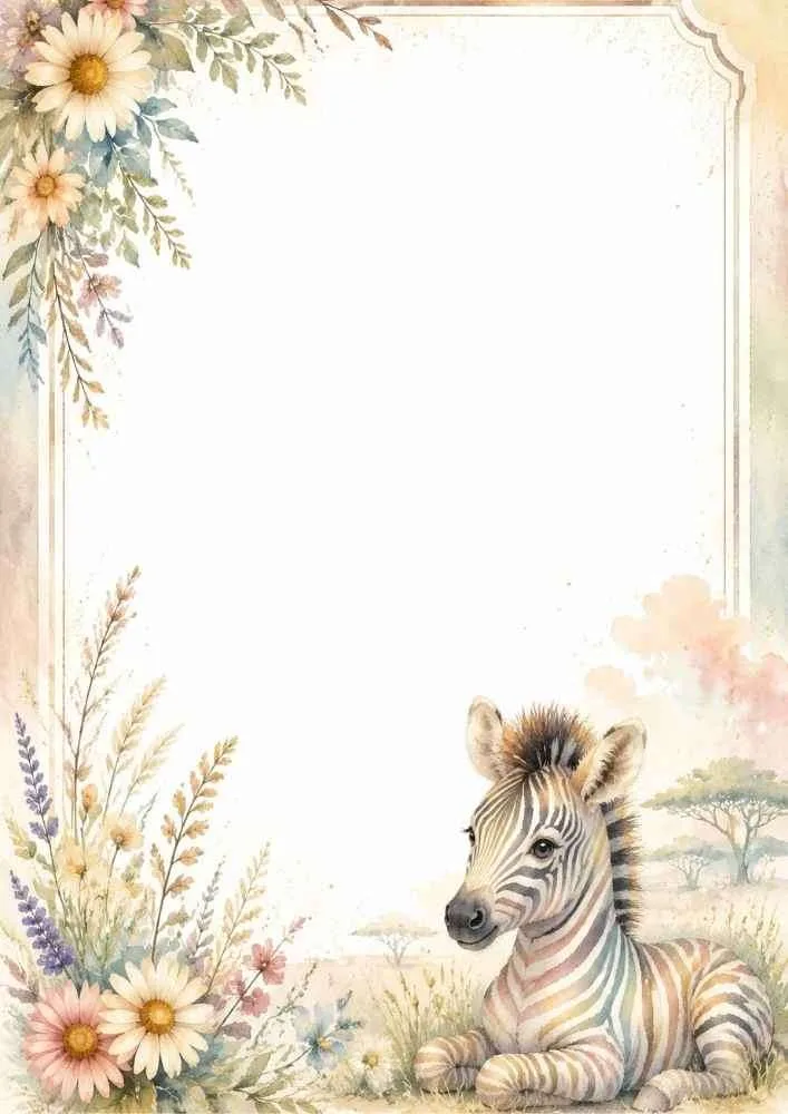A watercolor border featuring a resting baby zebra, large daisies, delicate wildflowers, and a subtle vintage line frame.