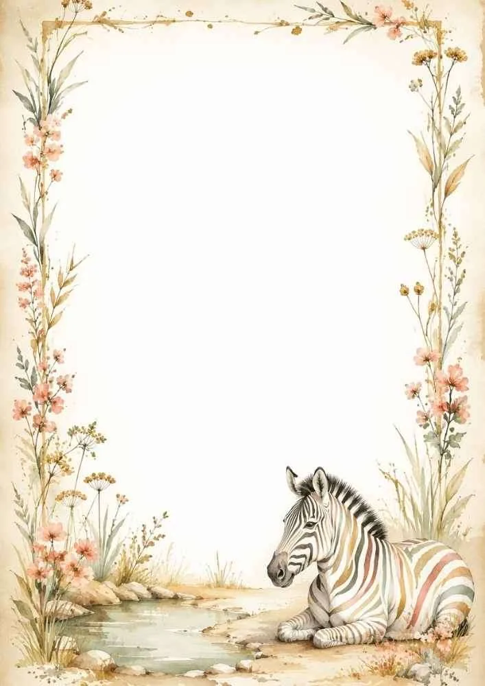 A watercolor border with a zebra resting by a small pond, surrounded by tall floral stems and delicate grasses.