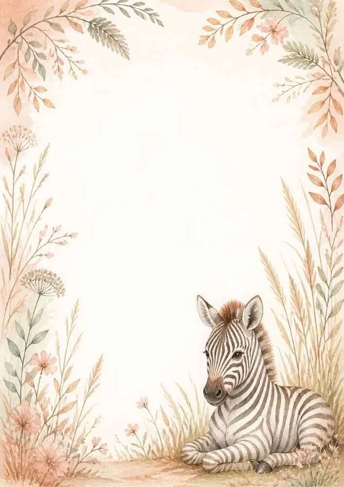 A watercolor border showing a resting baby zebra, tall grasses, pink wildflowers, and leafy branches hanging from above.