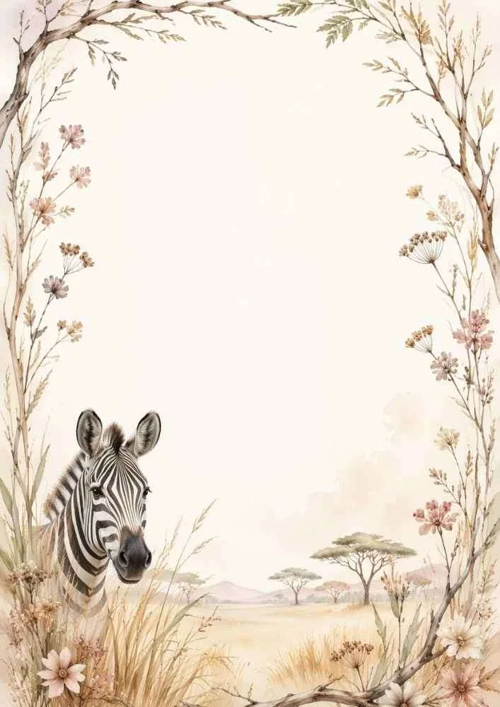 A watercolor border featuring a zebra looking through grass, framed by natural branches, soft flowers, and distant trees.