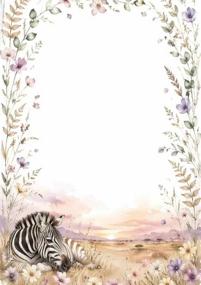 A watercolor border showing a resting zebra, a soft pink sunrise over the savanna, and delicate colorful wildflowers.