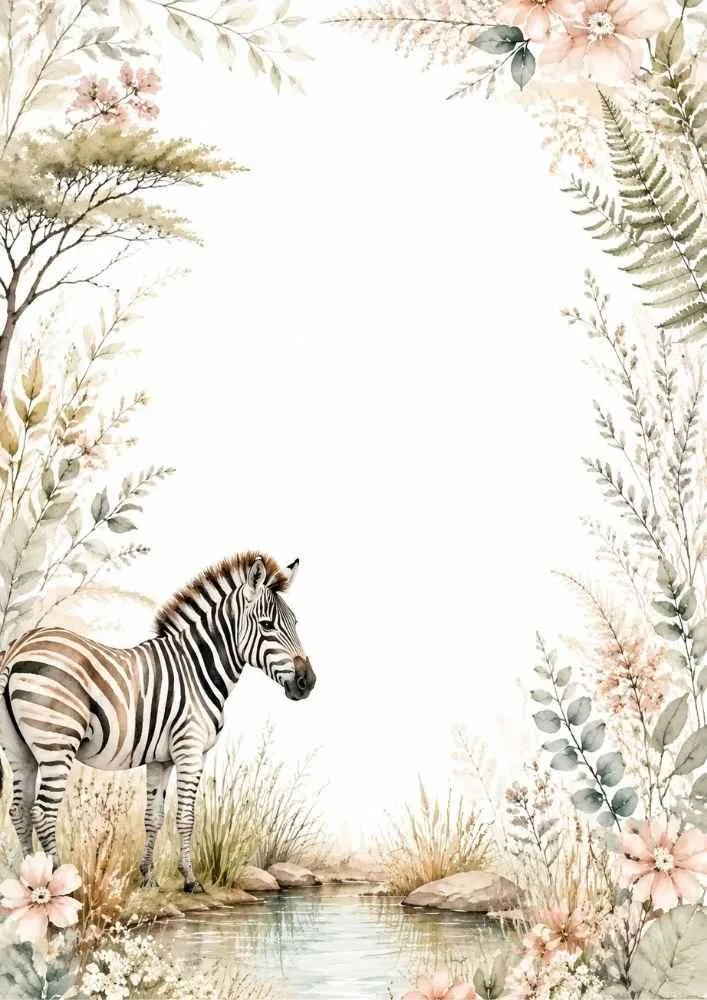 A watercolor border with a standing zebra by a small pond, surrounded by green ferns, leaves, and large blush pink flowers.