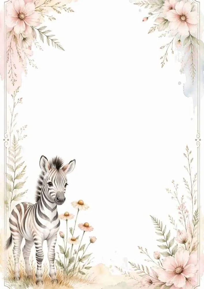 A watercolor border featuring a standing baby zebra surrounded by large pink flowers, delicate grasses, and a thin frame.