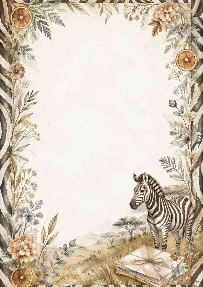 A vintage watercolor border showing a zebra, a tied stack of letters, dried flowers, orange slices, and striped edges.