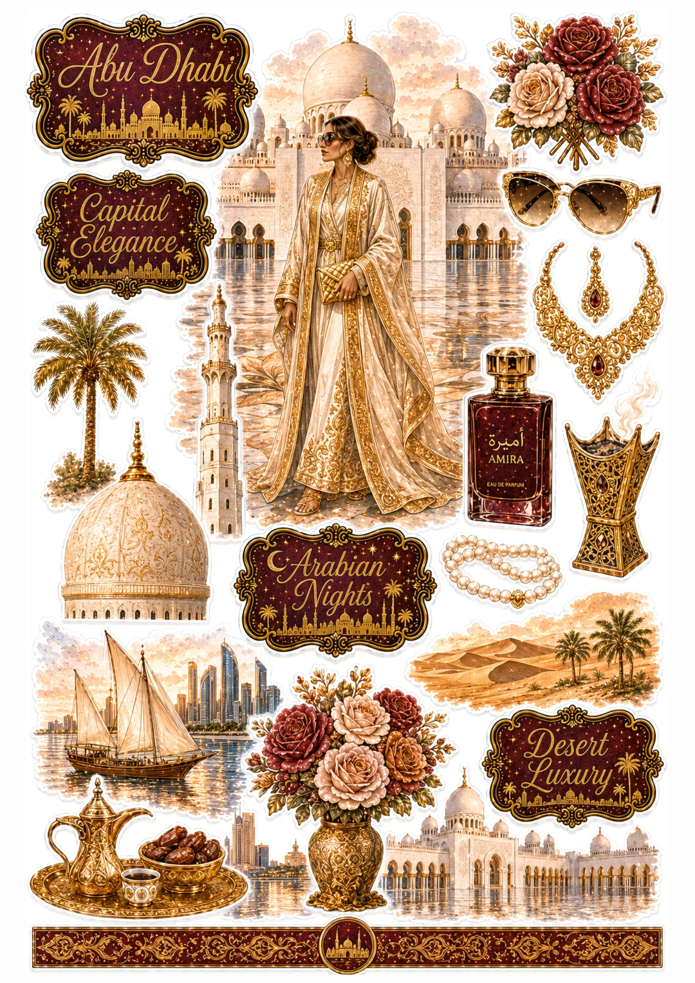 Abu Dhabi sticker sheet showing a woman in a gold abaya at Sheikh Zayed Grand Mosque, dhow boat, Amira perfume, and dates bowl.