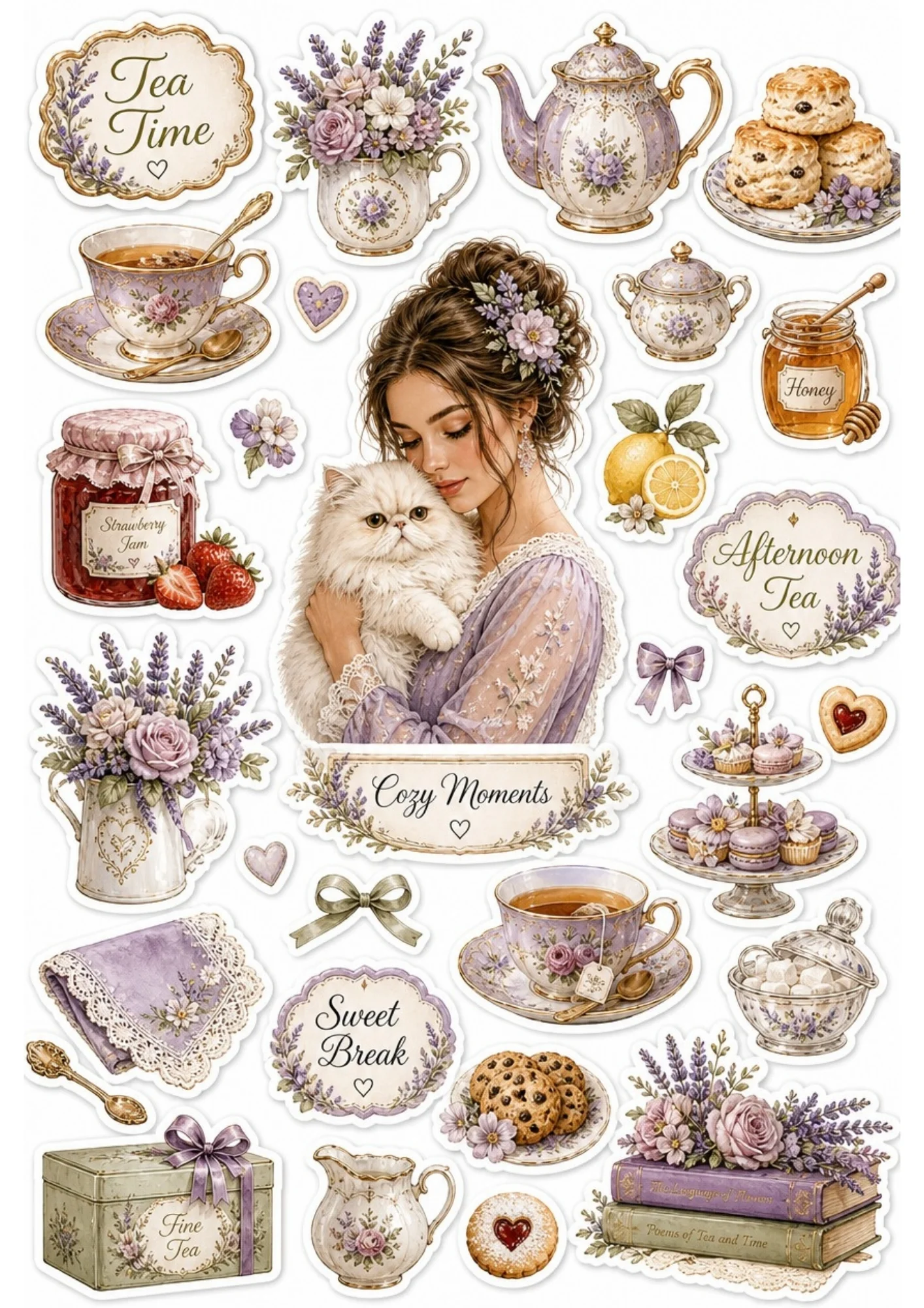 A girl enjoying an elegant afternoon tea set with her white cat. Surrounding stickers include delicate teapots, macarons, lavender sprigs, and text saying 'Tea Time' and 'Cozy Moments'.