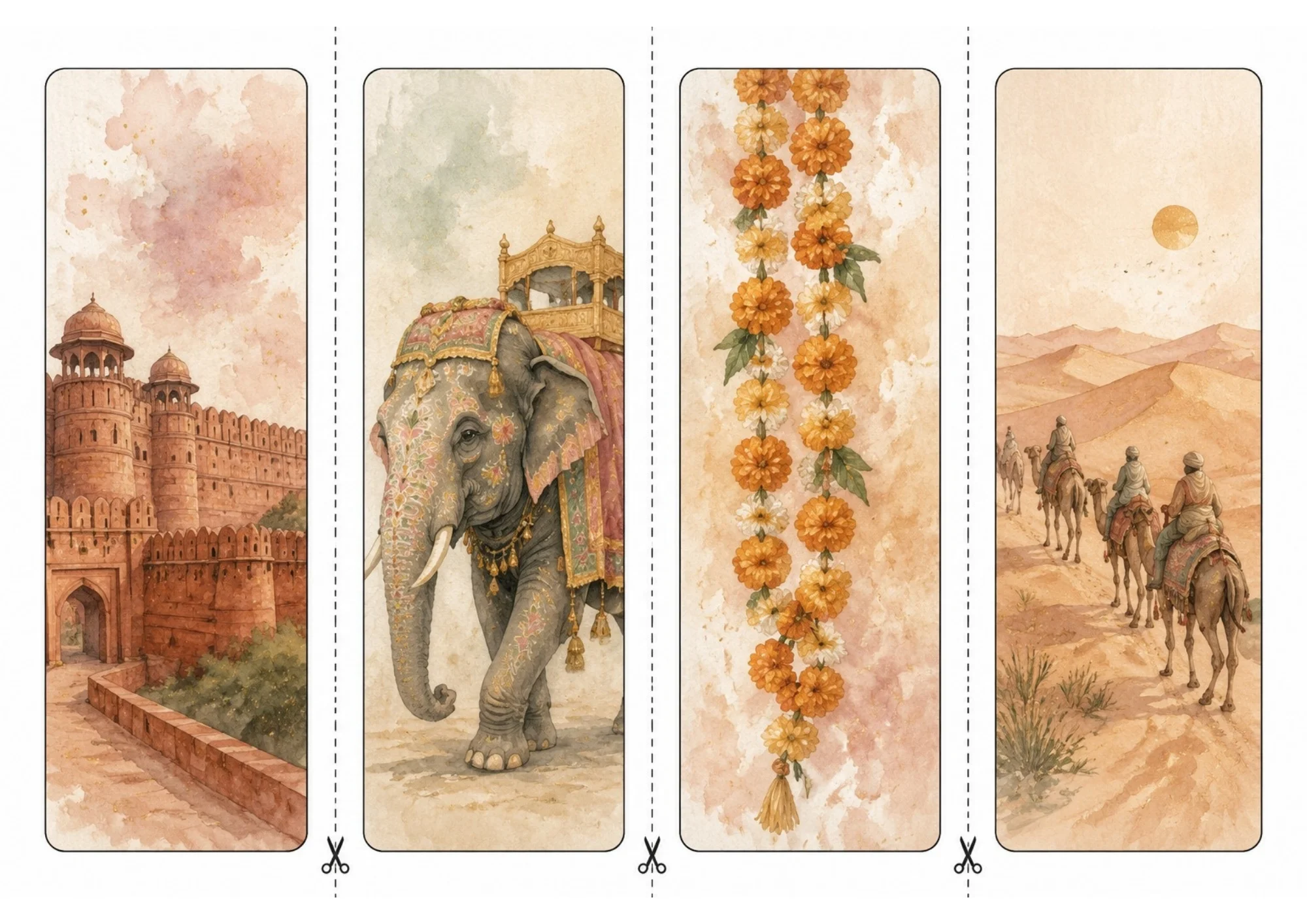 Printable bookmark collection of four vertical sheets showing red sandstone fort walls, decorated royal Indian elephant, hanging orange marigold garlands, and desert camel caravan.