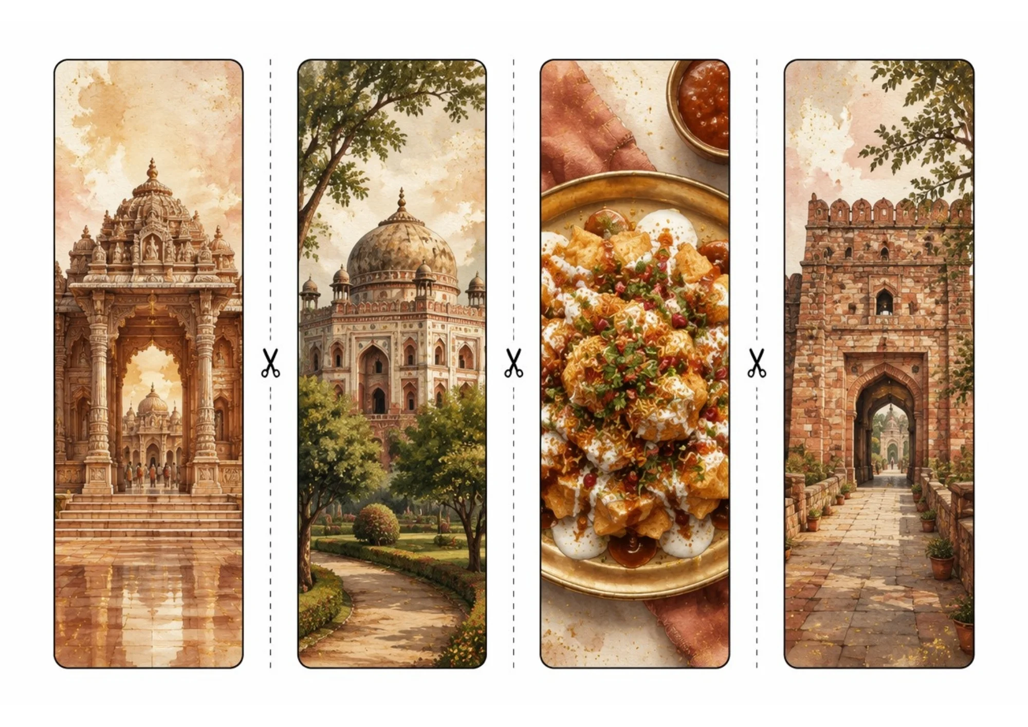 Set of four printable bookmark designs depicting watercolor scenes of Akshardham temple gateway, Lodhi Gardens dome, a brass thali of street food chaat, and Purana Qila stone gate.