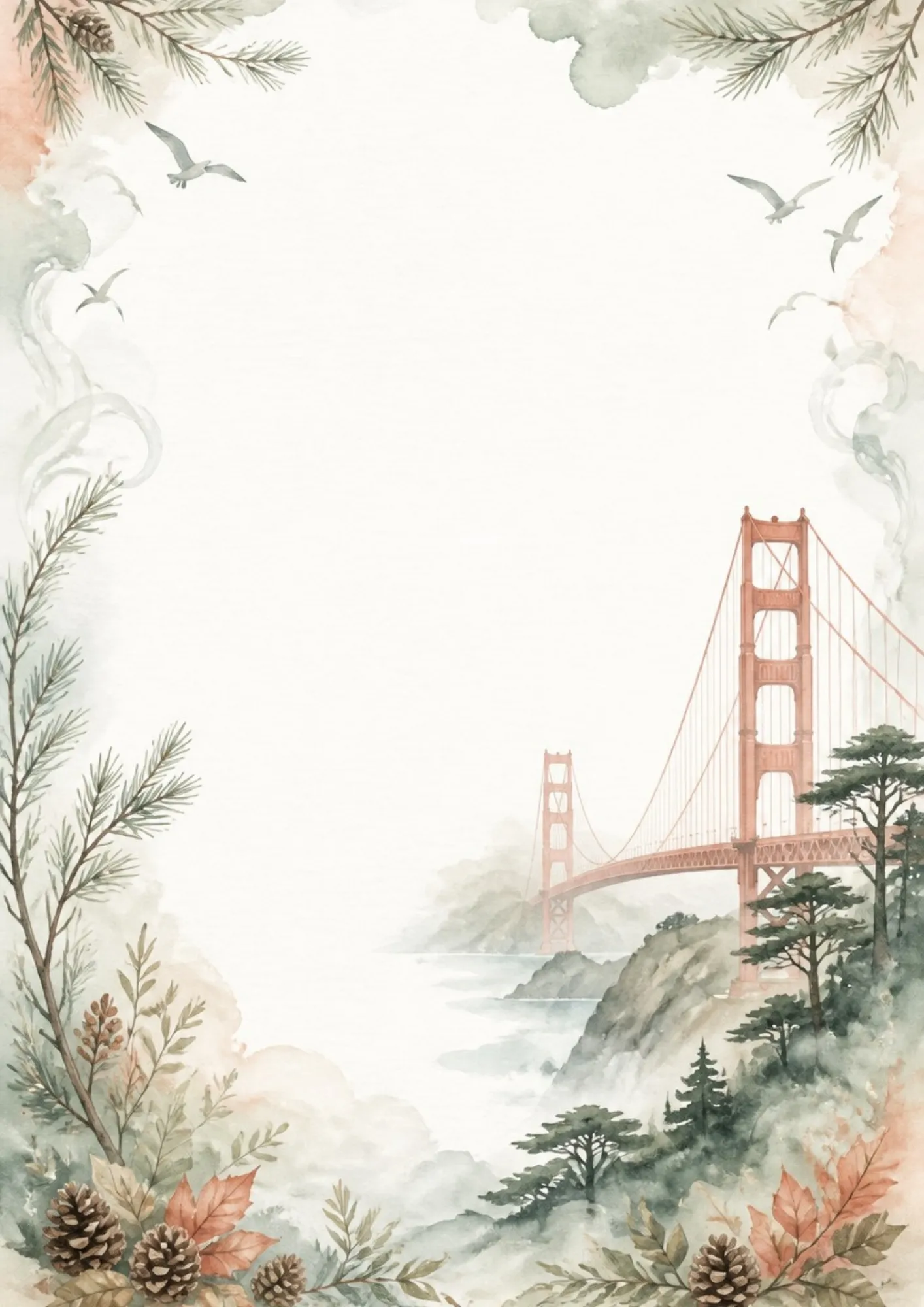 A watercolor stationery page showing Alcatraz Island in the San Francisco Bay with waves and flying gulls.