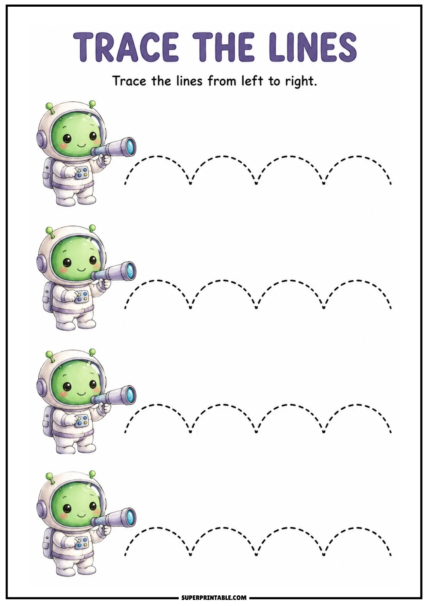 Tracing sheet featuring colored green alien astronauts holding telescopes and scalloped arch dashed lines.
