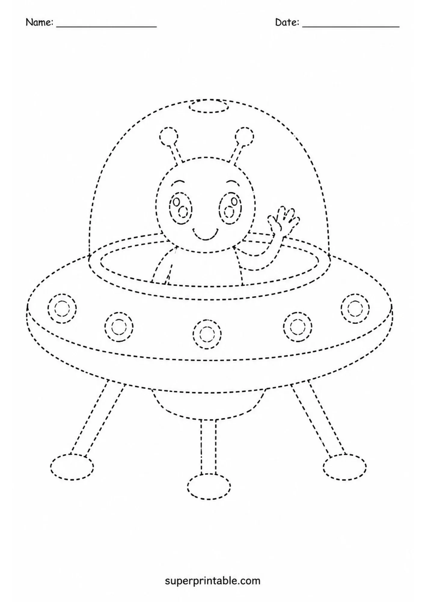 Black and white line art tracing worksheet of a waving alien sitting in a flying saucer spacecraft.