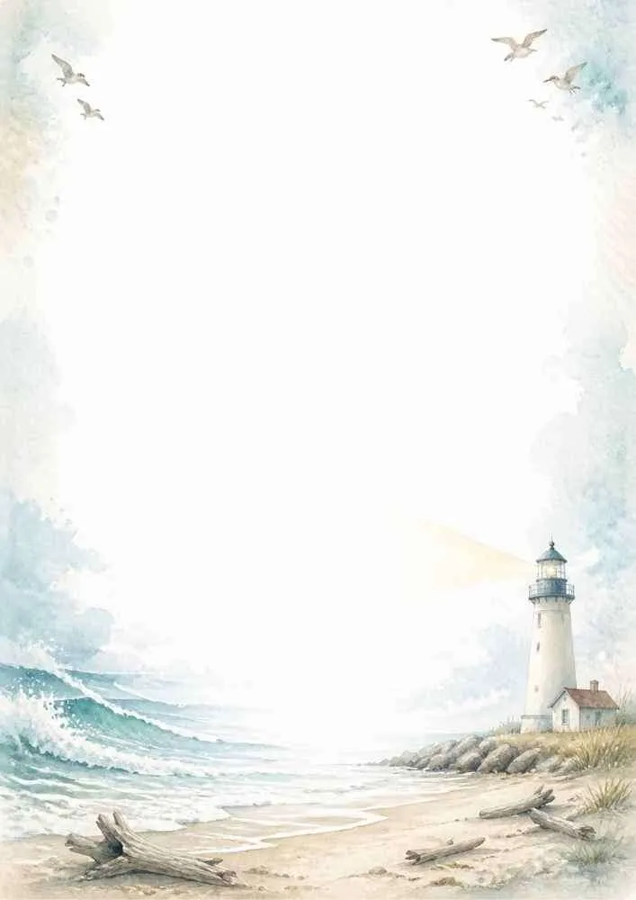 A coastal writing page showing the Alki Point Lighthouse on a sandy beach with driftwood, ocean waves, and seagulls in a light blue watercolor border.