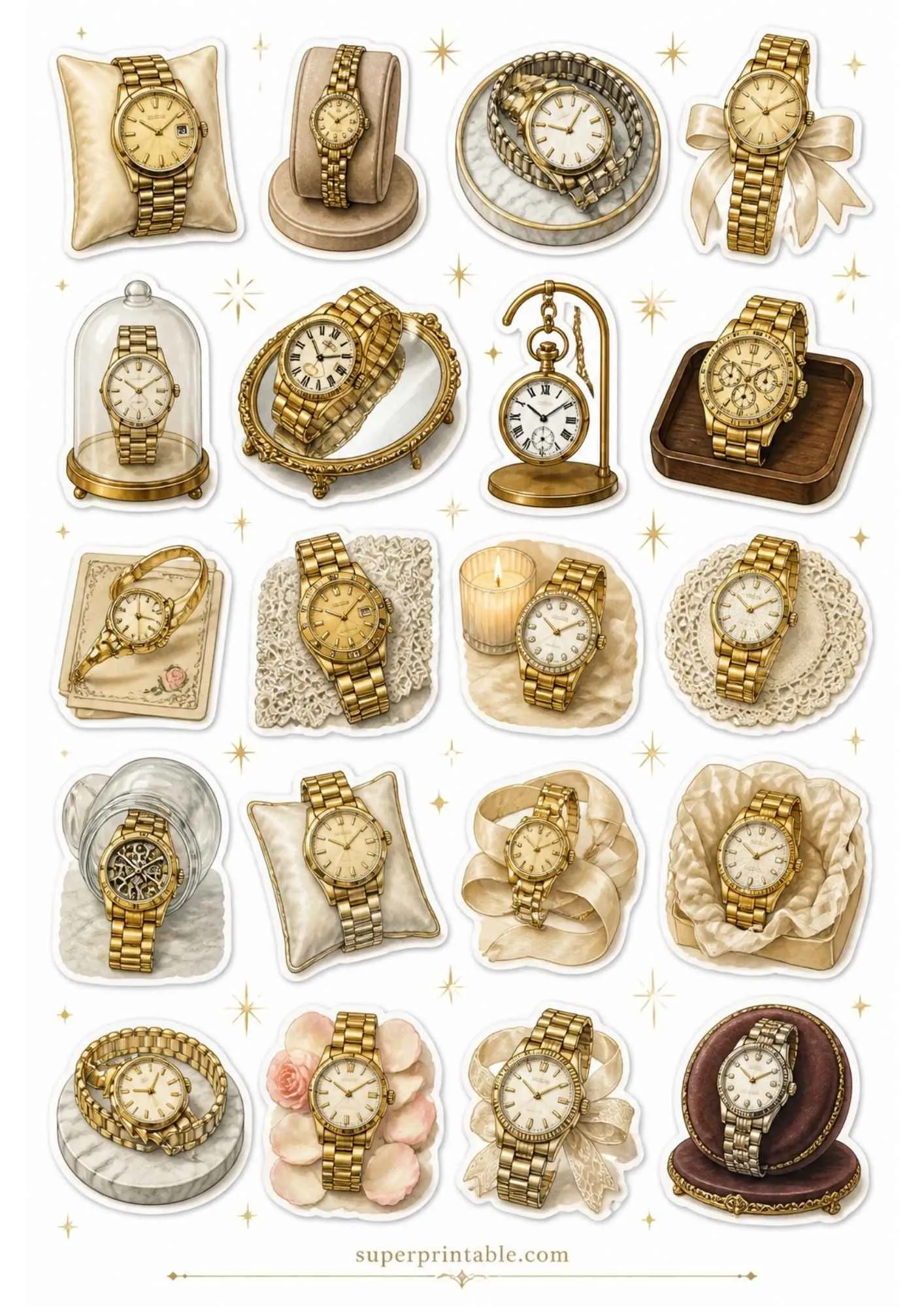 A printable sticker sheet displaying all-gold watches, gold dials, gold ribbons, and gold bezels in display domes.
