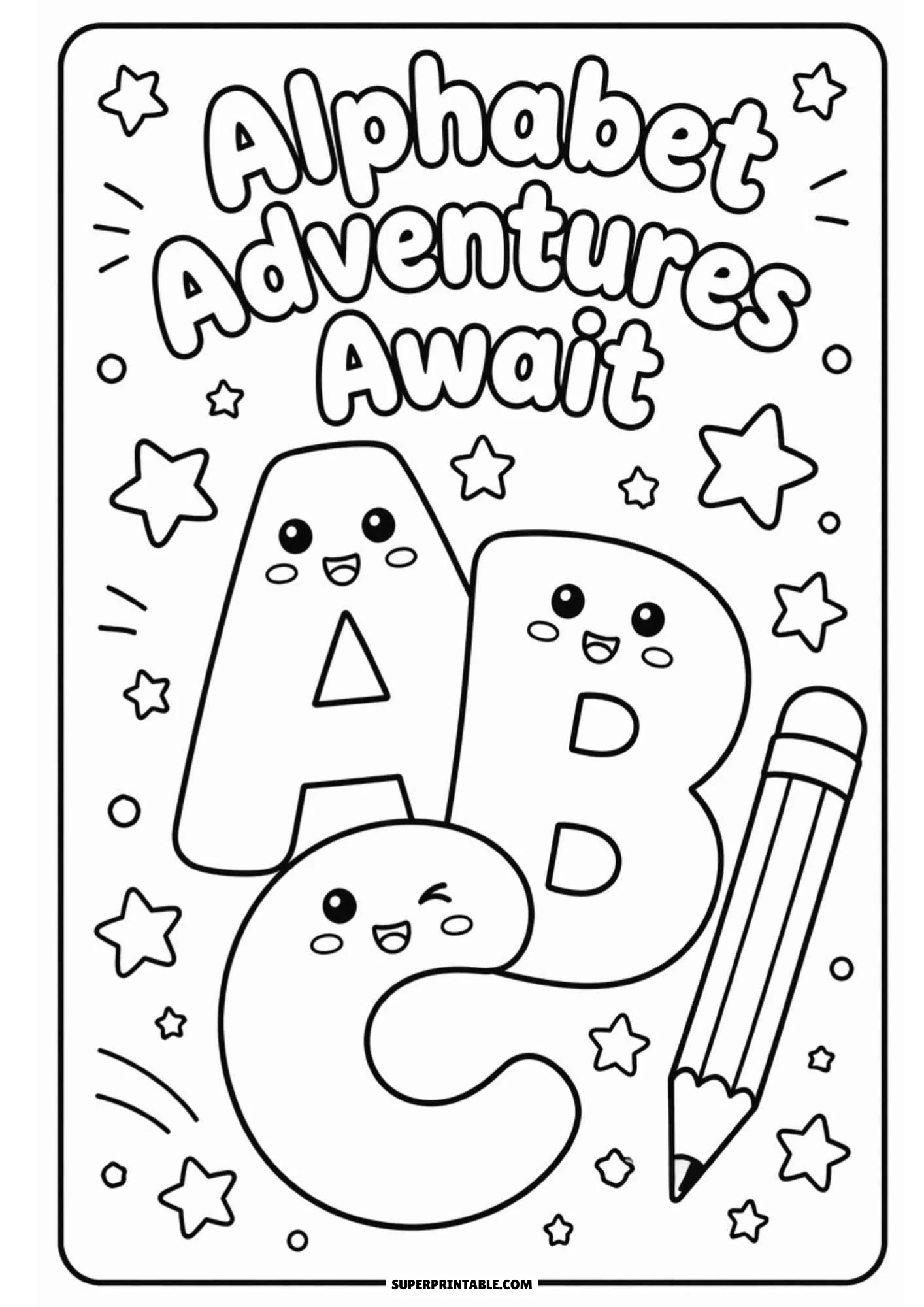 Black and white coloring page featuring cute kawaii alphabet letters A, B, and C with happy faces alongside a big pencil, surrounded by stars, with the text 'Alphabet Adventures Await'.