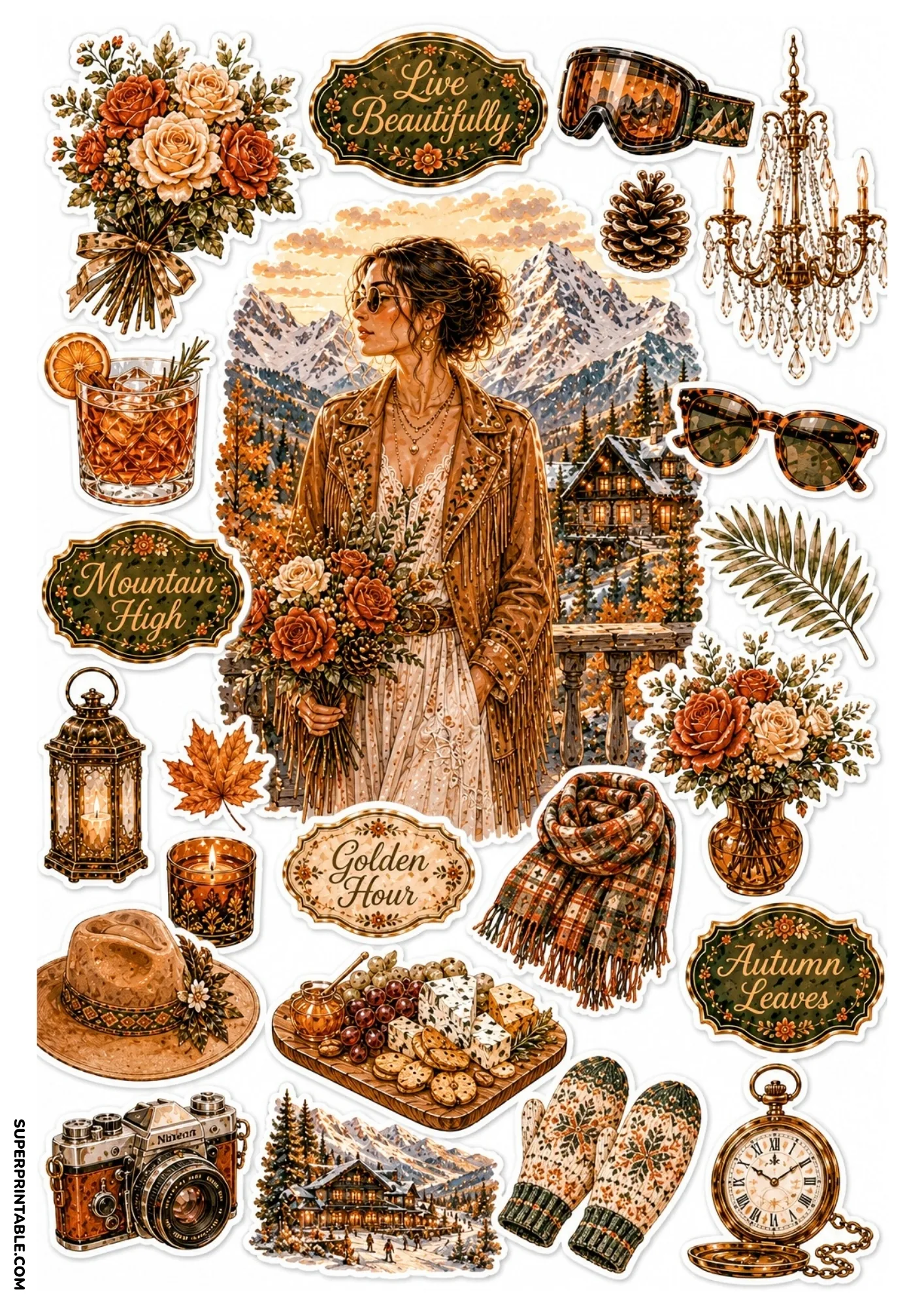Printable sticker sheet illustrating a woman in a fringe jacket before mountain peaks with autumn lifestyle stickers.