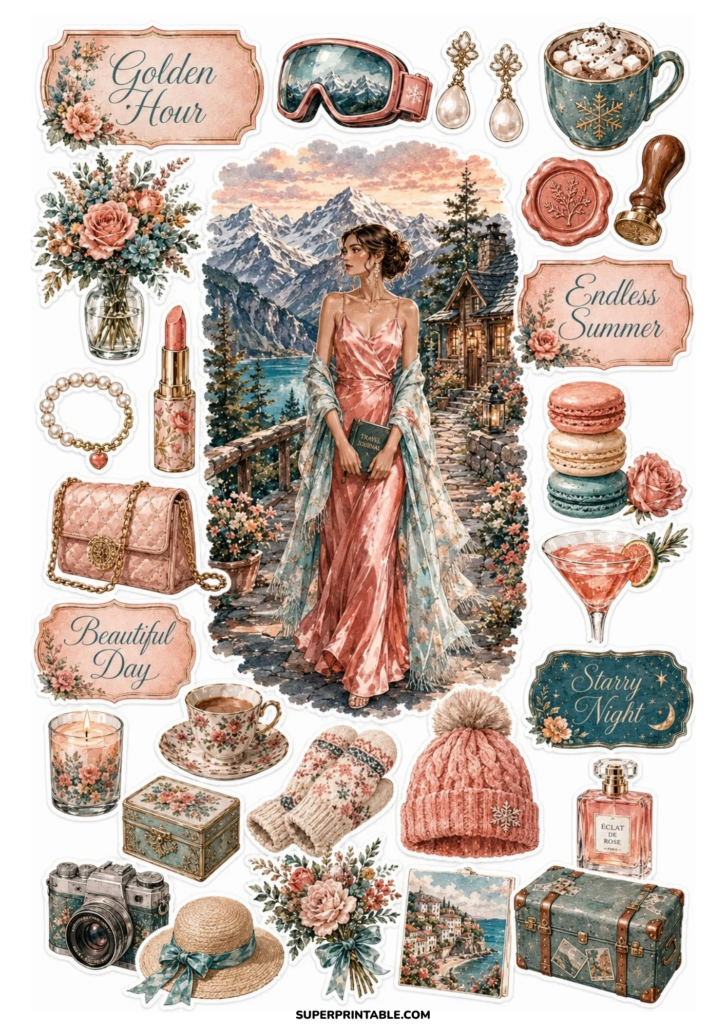 A printable sticker sheet depicting a woman walking along a mountain stone path, surrounded by a pink purse, beanie, camera, and floral teacup.