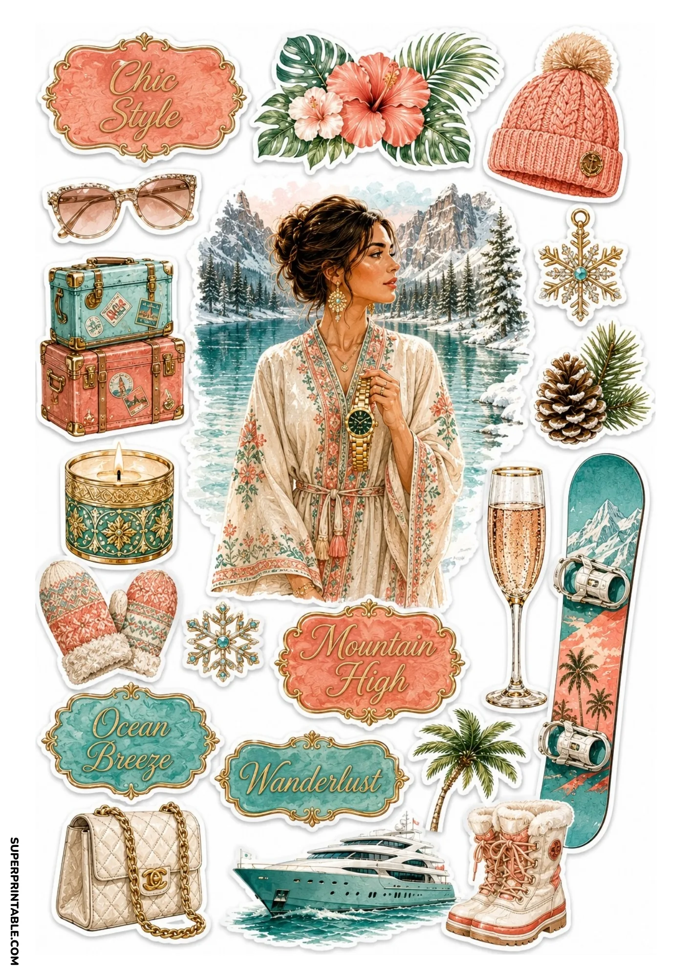 Printable sticker sheet with a central woman by a turquoise alpine lake, surrounded by coral and teal stickers including a motor yacht, travel trunks, snowboard, and wanderlust badges.