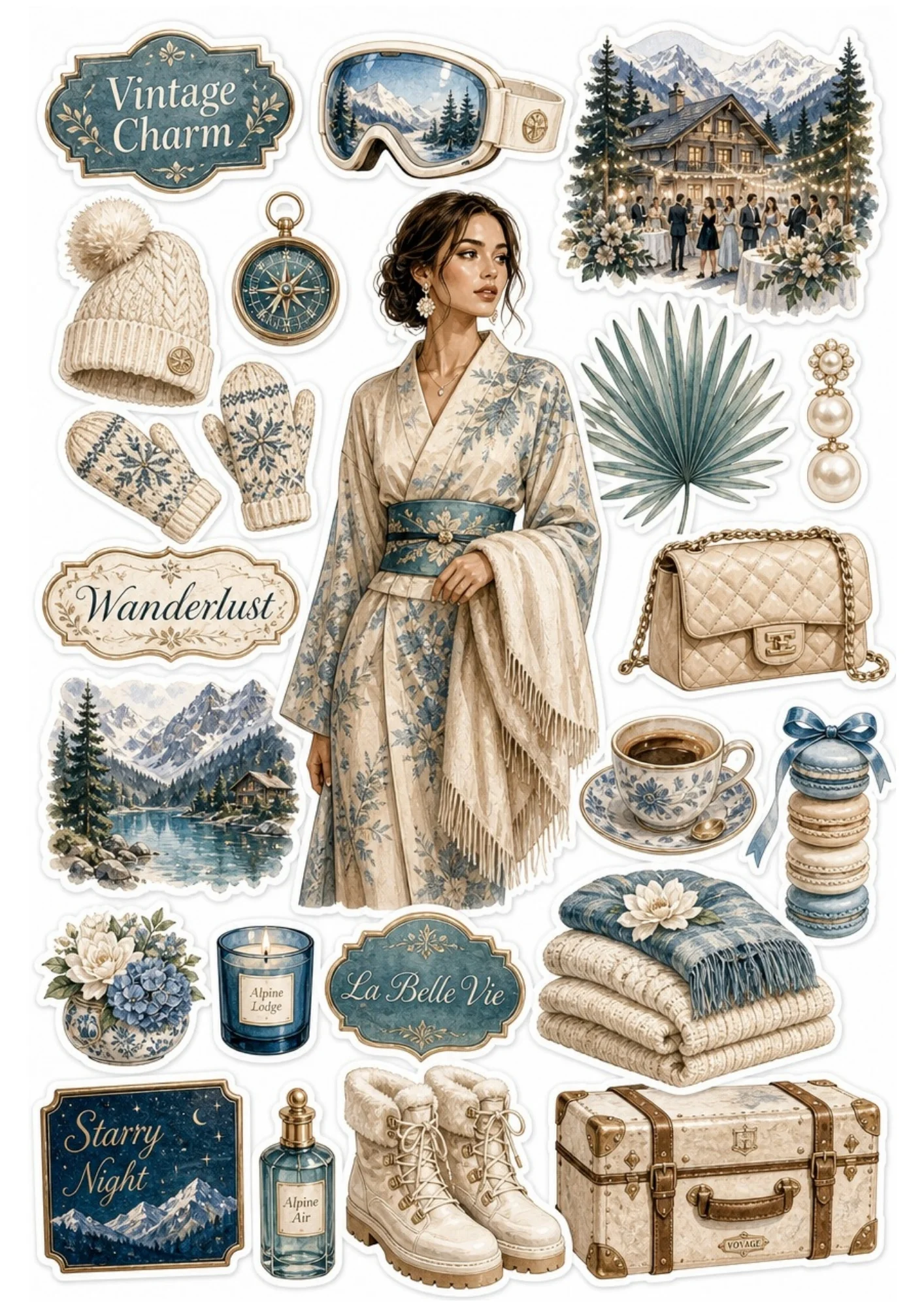 A printable sticker sheet featuring a woman in a floral kimono dress, knit beanie, luggage trunk, coffee cup, and winter boots.