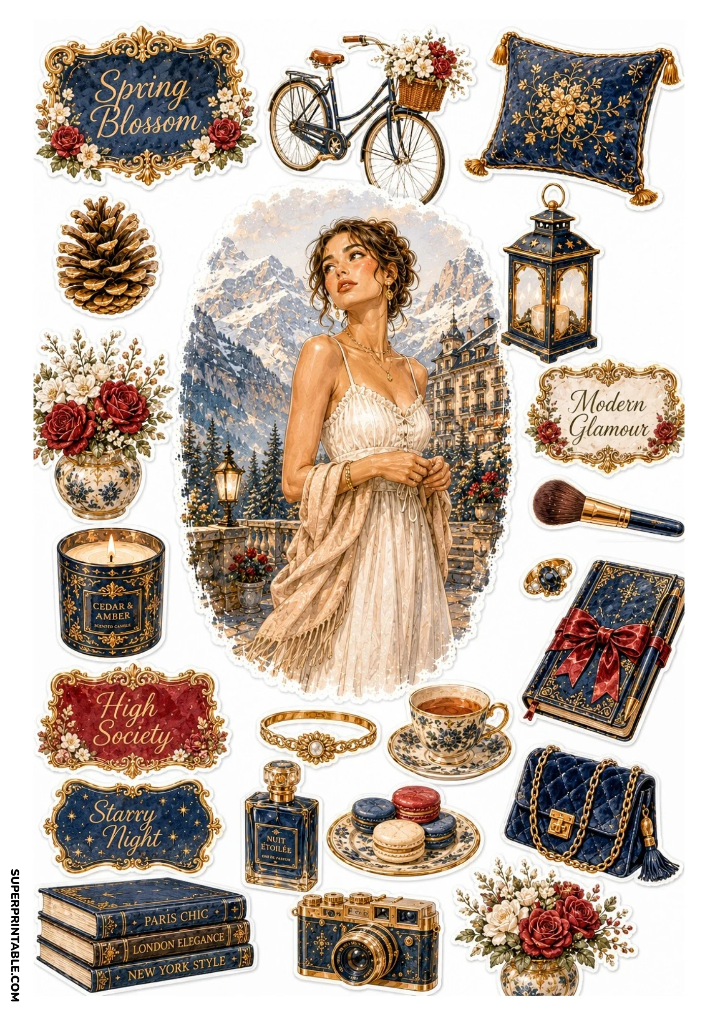 Printable sticker sheet showing a woman on an alpine hotel terrace with snowy peaks, surrounded by navy blue journals, candles, tea cups, and books.
