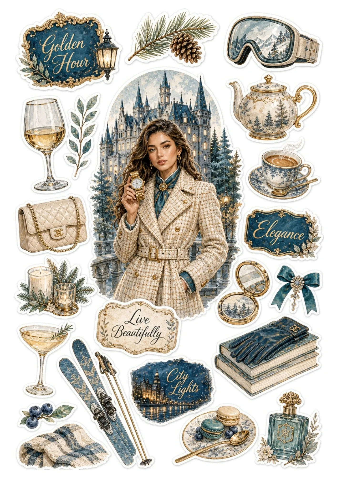 Printable stickers depicting a woman in a trench coat with ski goggles.