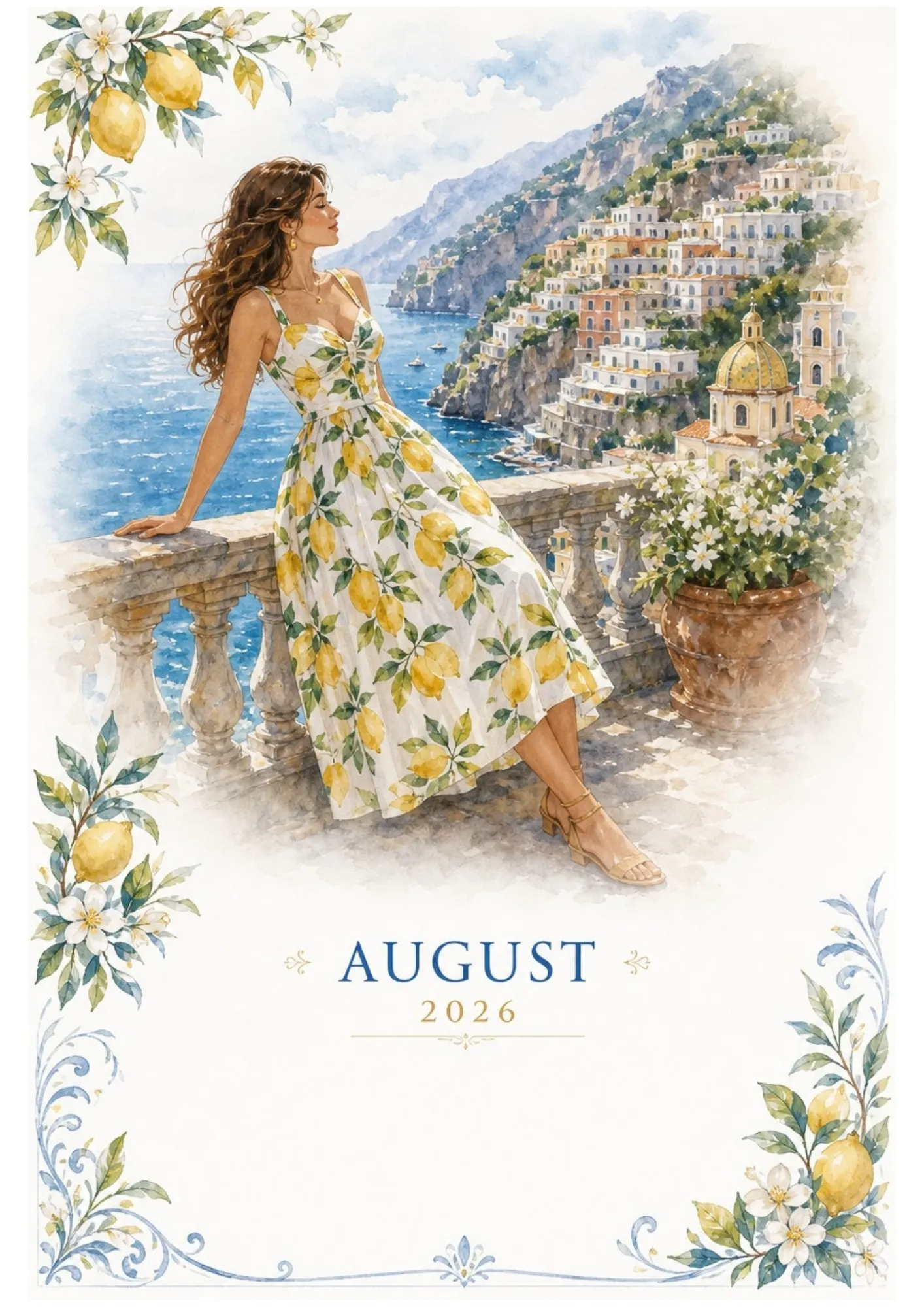 Watercolor painting of a woman in a lemon-print dress sitting on a balustrade overlooking Positano on the Amalfi Coast with the text August 2026 and a blank note space.