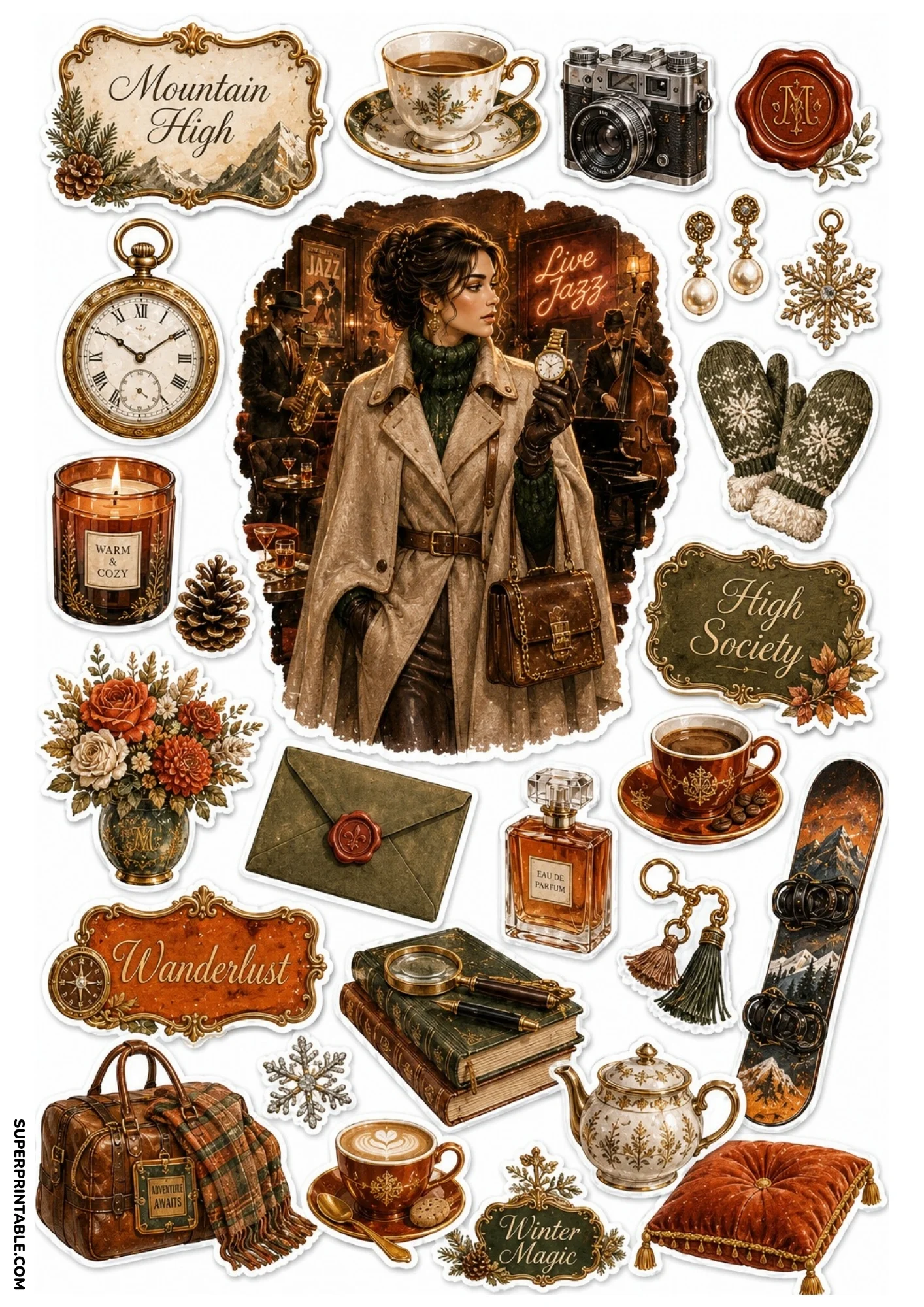 Warm brown sticker sheet illustrating a woman in a jazz lounge, tea and coffee cups, leather bag, candle, and vintage labels.