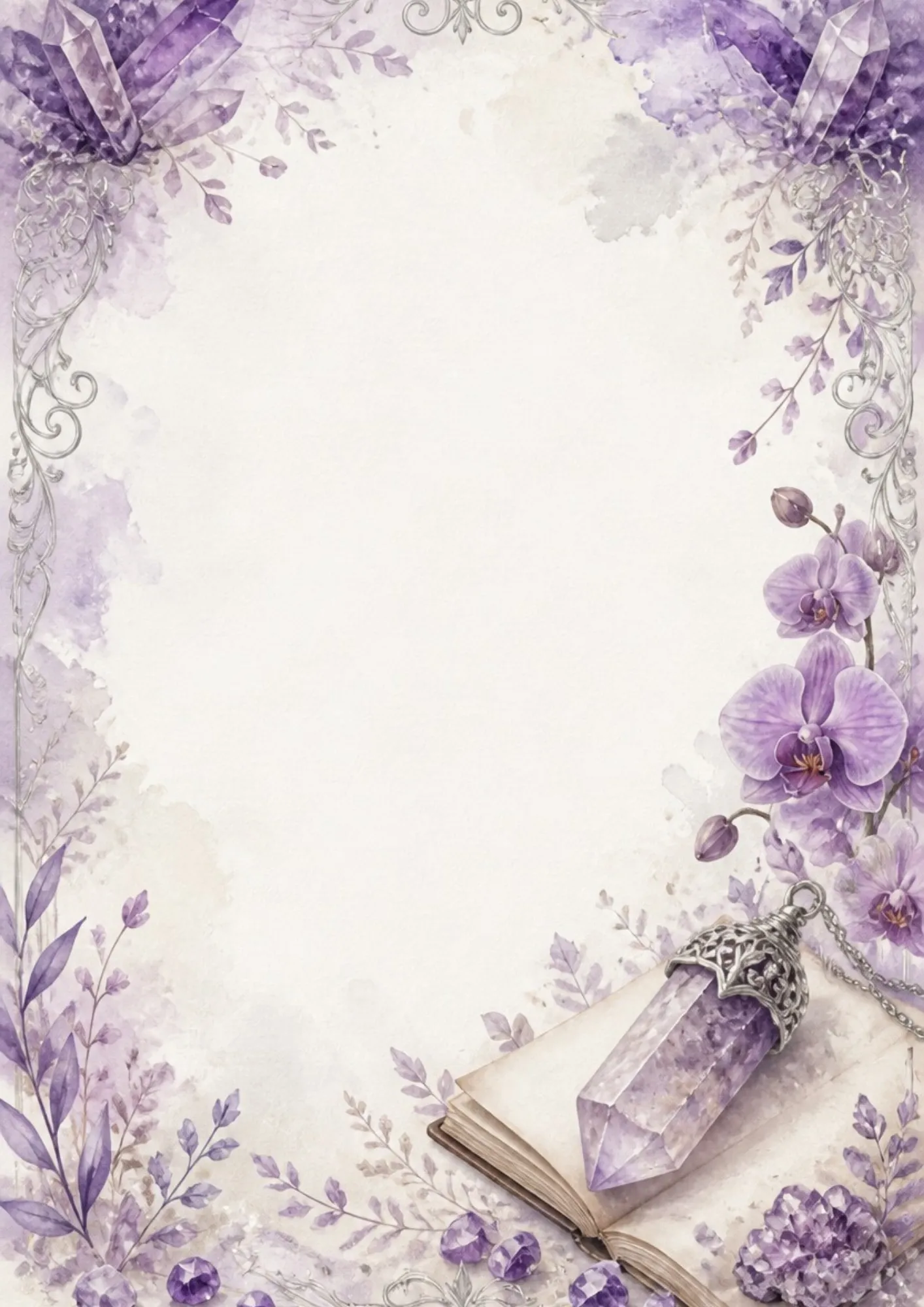 A soft purple writing page featuring an amethyst crystal point pendant with a silver filigree cap, resting on an open book with orchids and lavender.