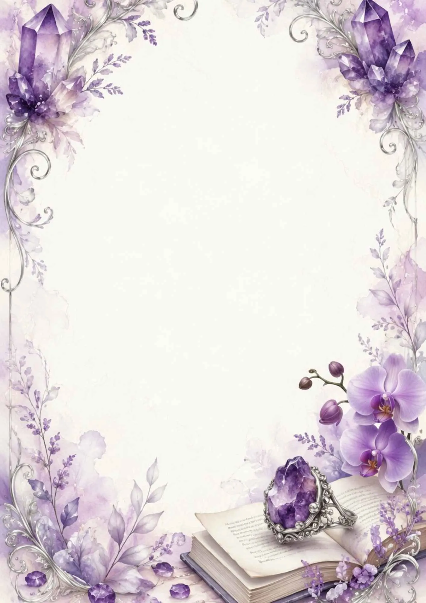 A watercolor writing page featuring a silver filigree ring with a raw amethyst crystal on an open old book, next to purple orchids.