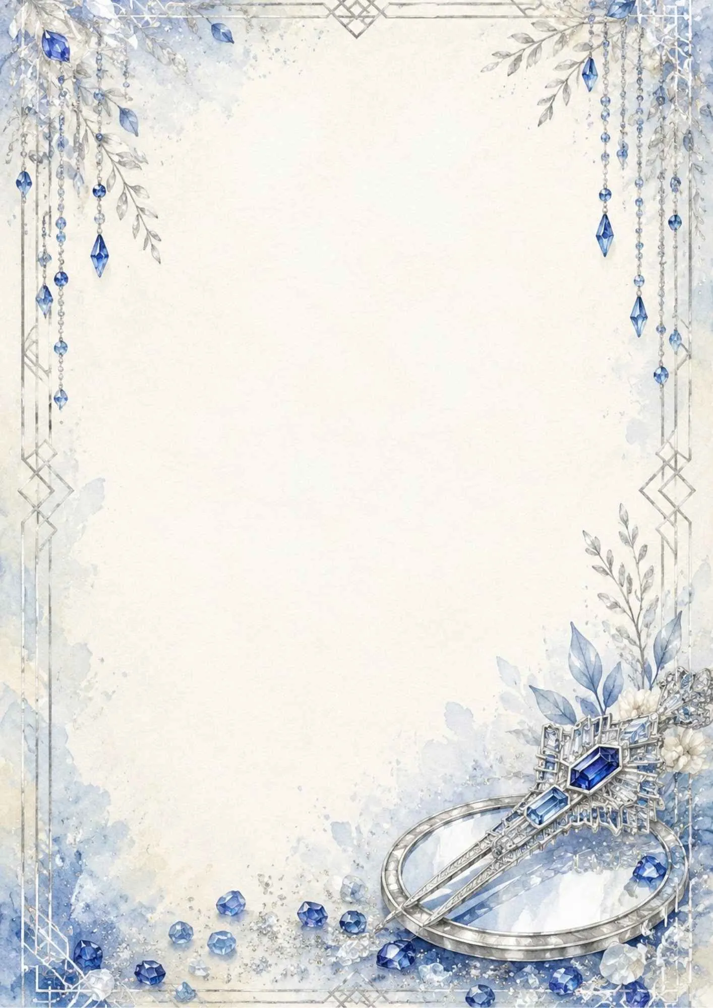 A soft purple writing page showing a silver hair vine holding amethyst beads and pearls on a stone with lavender.