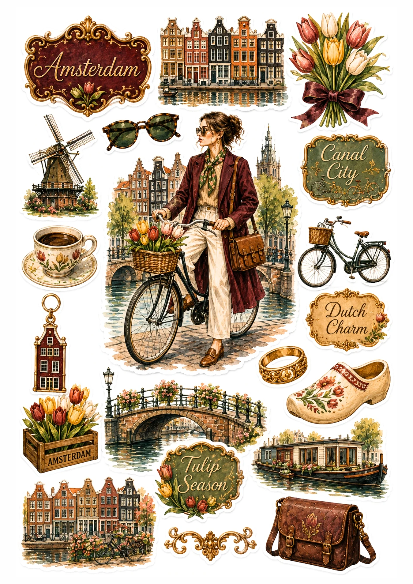 Amsterdam sticker collection with a woman riding a bicycle filled with tulips past canal houses, wooden clogs, and a windmill.