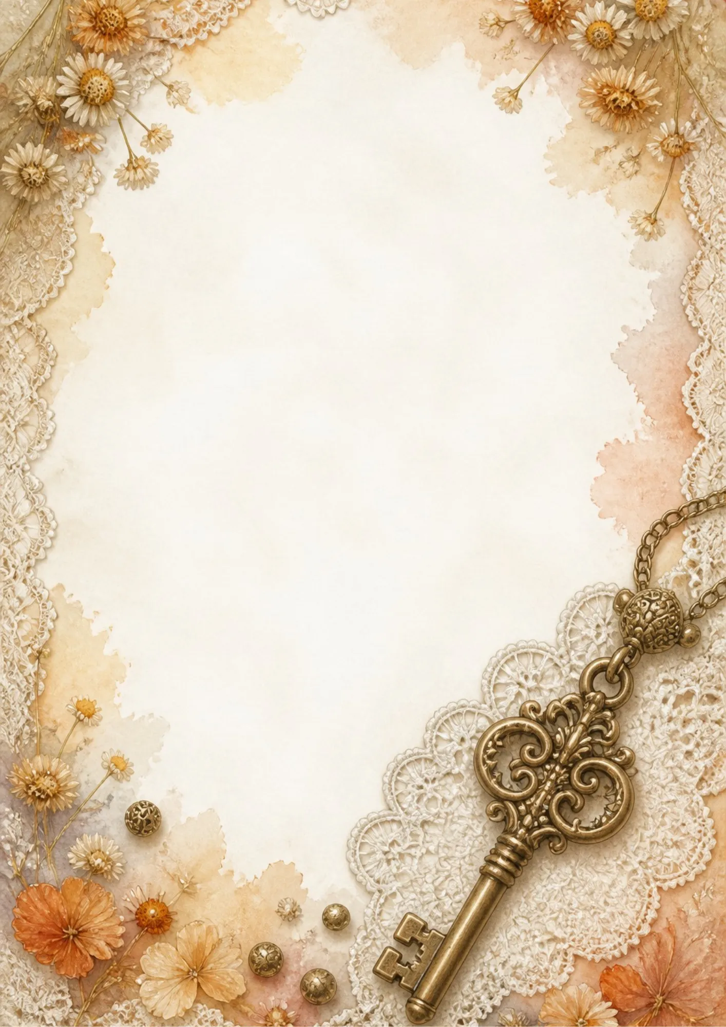 A vintage stationery page featuring an ornate antique bronze key pendant on lace, bordered by dried daisies and sepia watercolor.