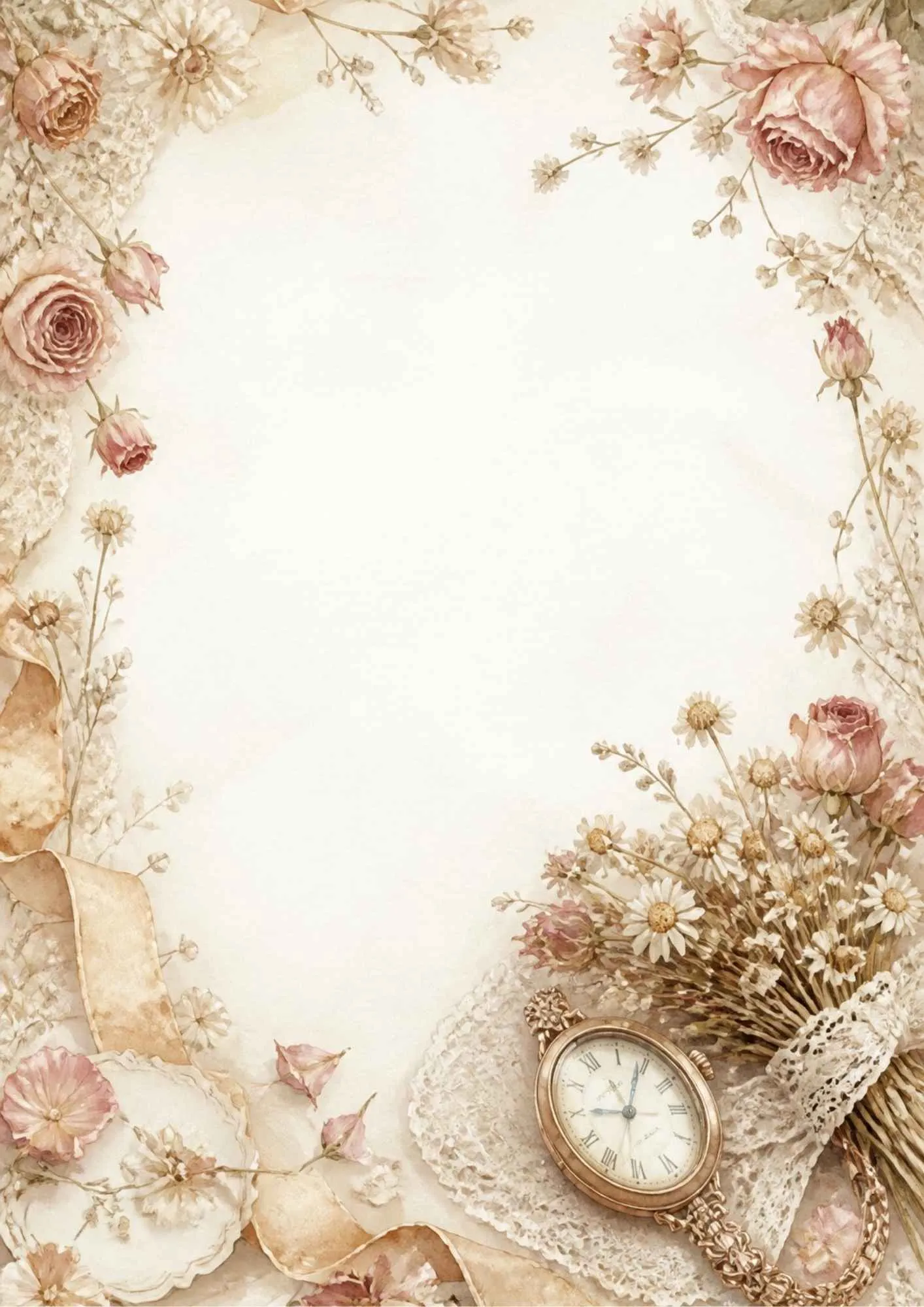 A delicate writing page showing an antique pocket watch decorated with pearls, pink bows, and lace.