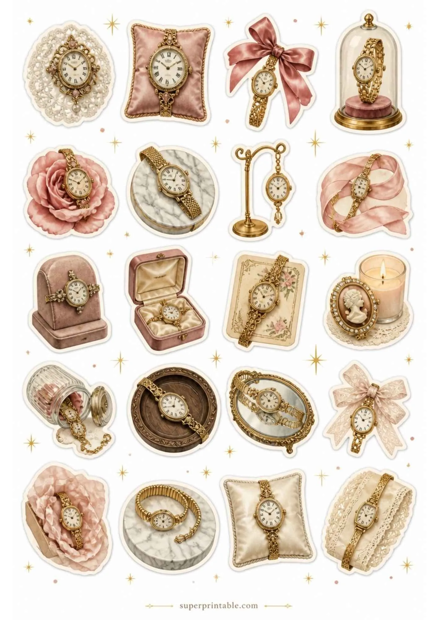 A printable sticker sheet of ornate antique gold watches decorated with pearls, cameo pins, pink bows, and candles.
