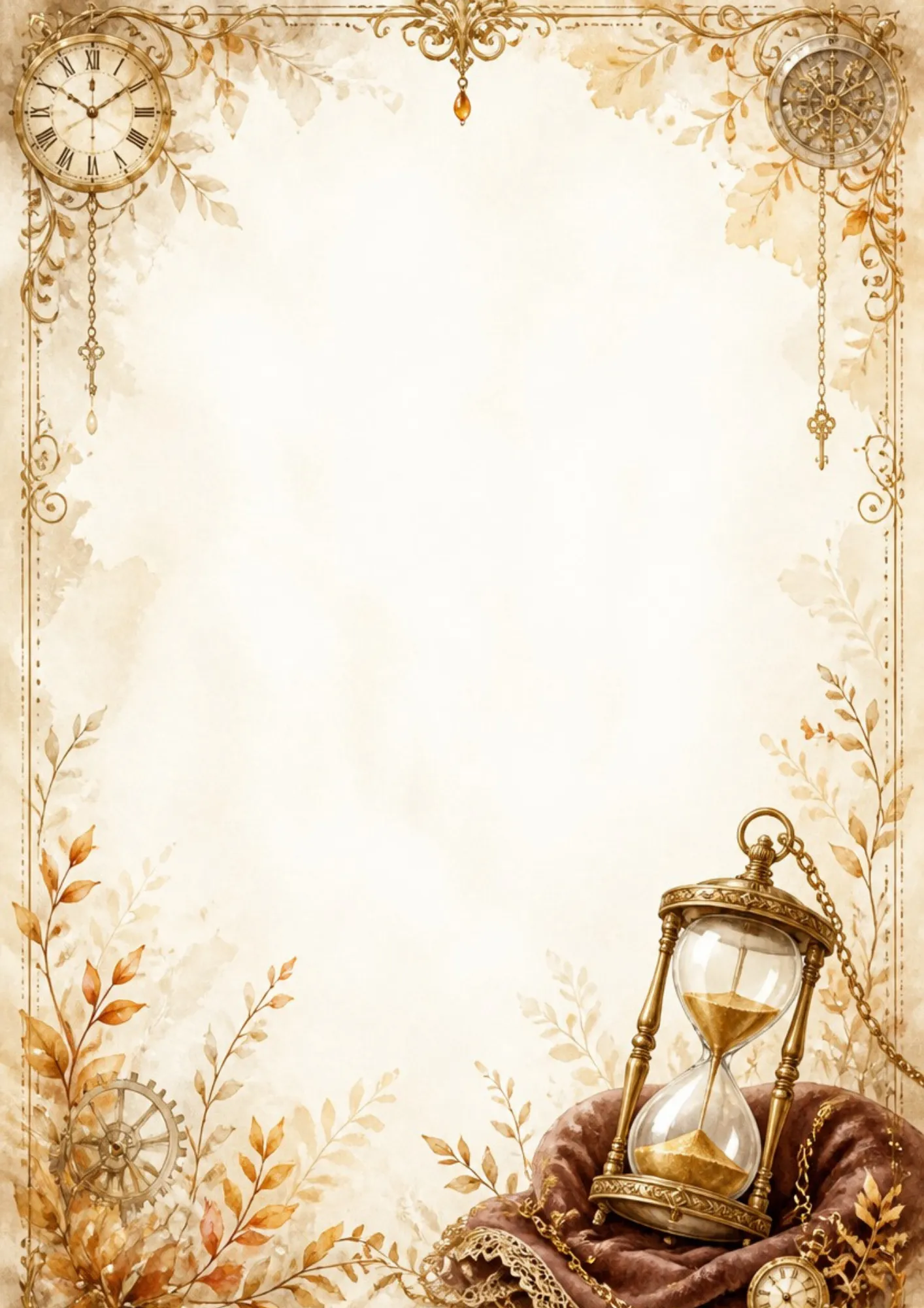 A vintage writing page featuring an antique brass hourglass pendant with golden sand, resting on a velvet pouch with clocks and gears.
