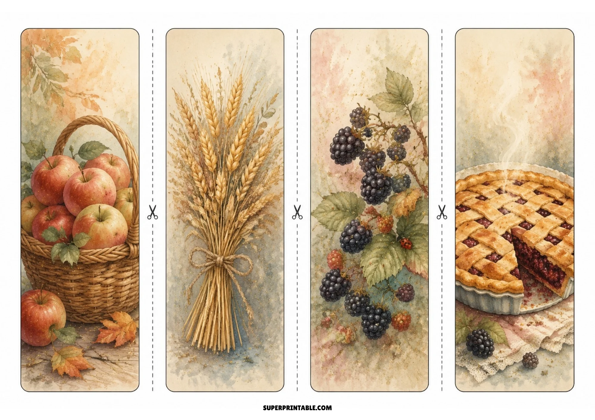 Four printable harvest bookmarks depicting an apple basket, a tied sheaf of wheat, ripe blackberries on a vine, and a lattice blackberry pie.
