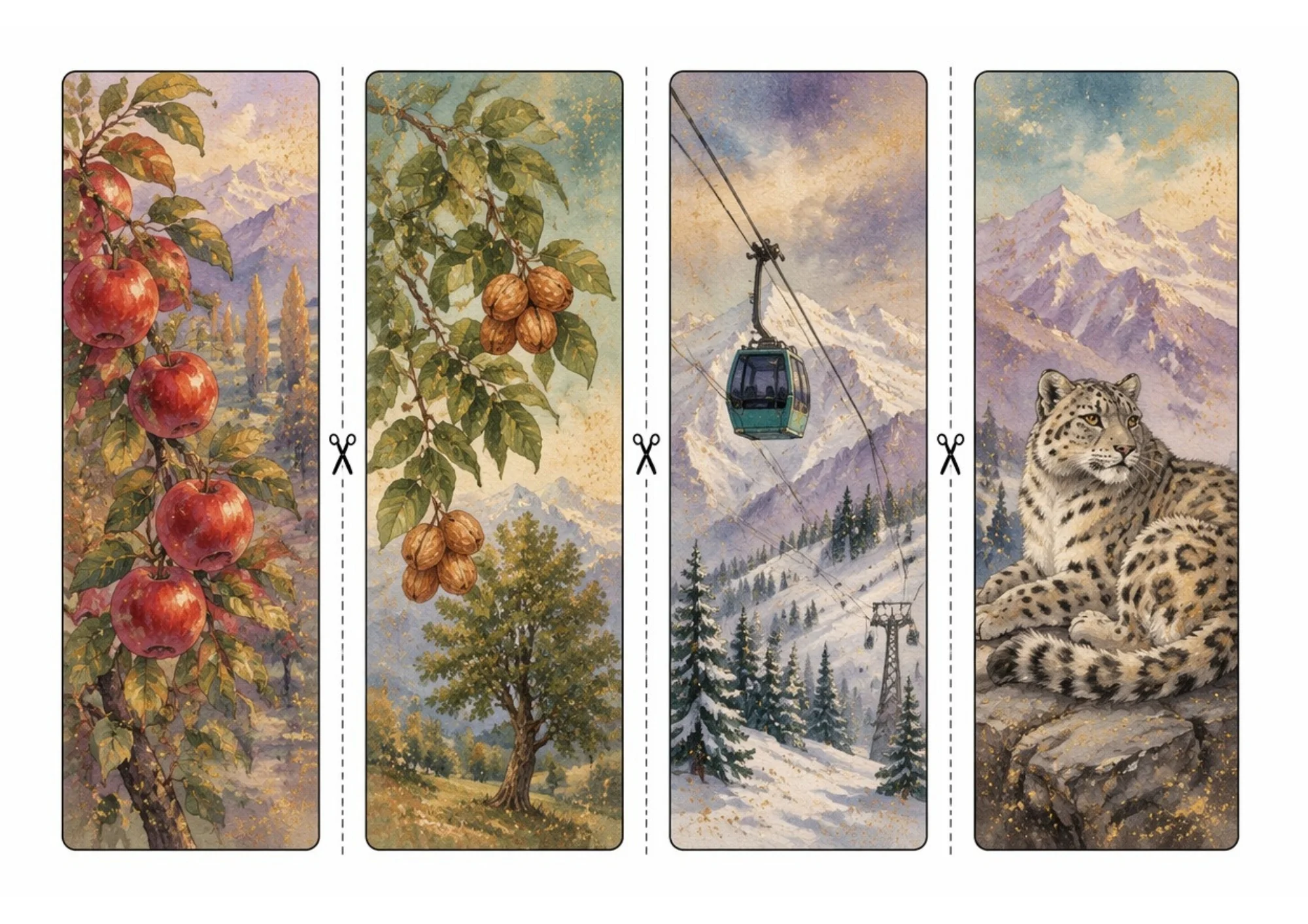 Four printable watercolor bookmarks showing red apples on an orchard branch, cluster of walnuts on a tree, Gulmarg Gondola cable car over snow slopes, and a snow leopard on a rock.