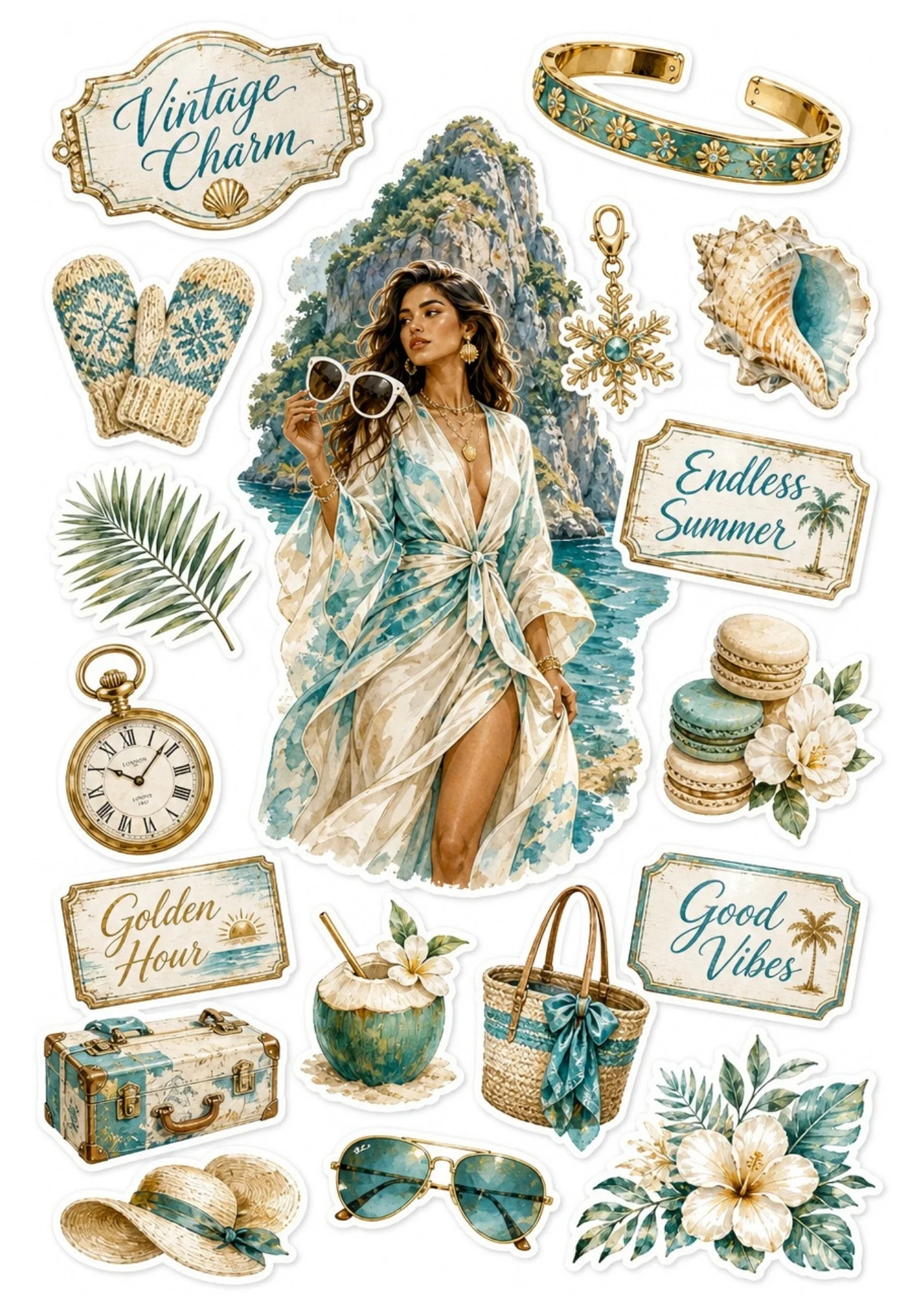 Printable sticker sheet featuring a woman in an aqua beach wrap, accompanied by turquoise travel accessories, a coconut drink, straw tote, vintage trunk, and macaron stack.