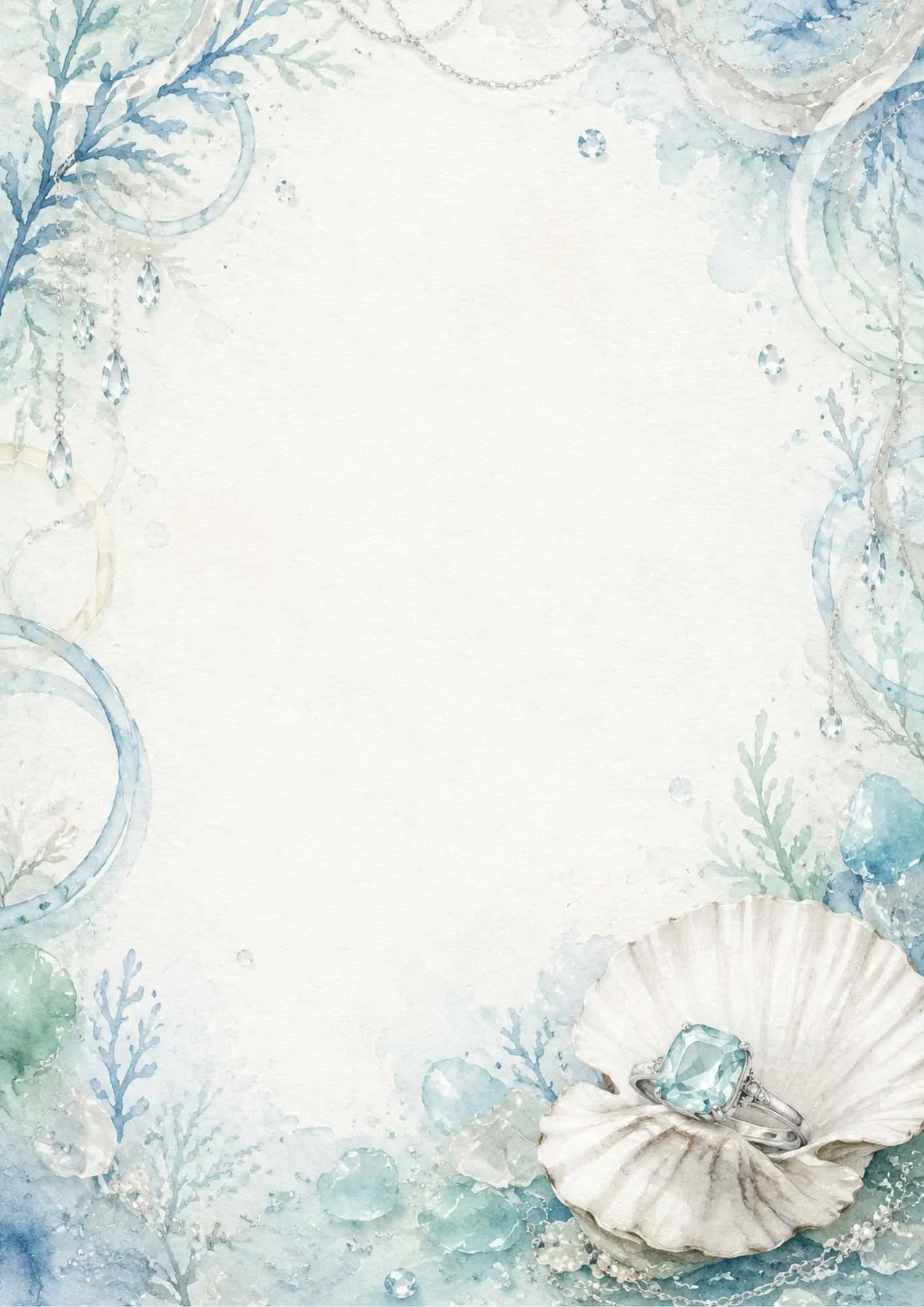 A watercolor writing page displaying a silver aquamarine ring inside a white seashell on a sandy shore with corals and blue water.