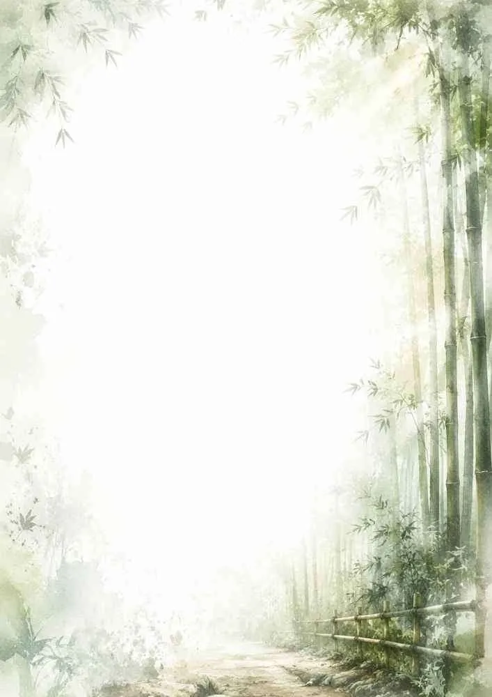 Watercolor border page showing a path winding through the tall green stalks of the Arashiyama Bamboo Grove with a wooden fence.