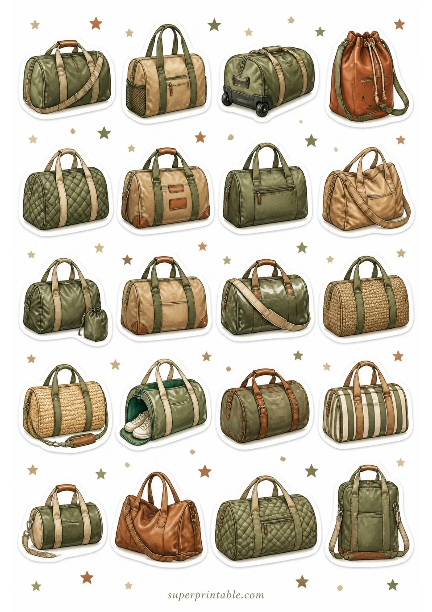 A sheet of 20 duffle bag sticker designs in dark army green, olive green, and brown leather, with stars on the sheet.