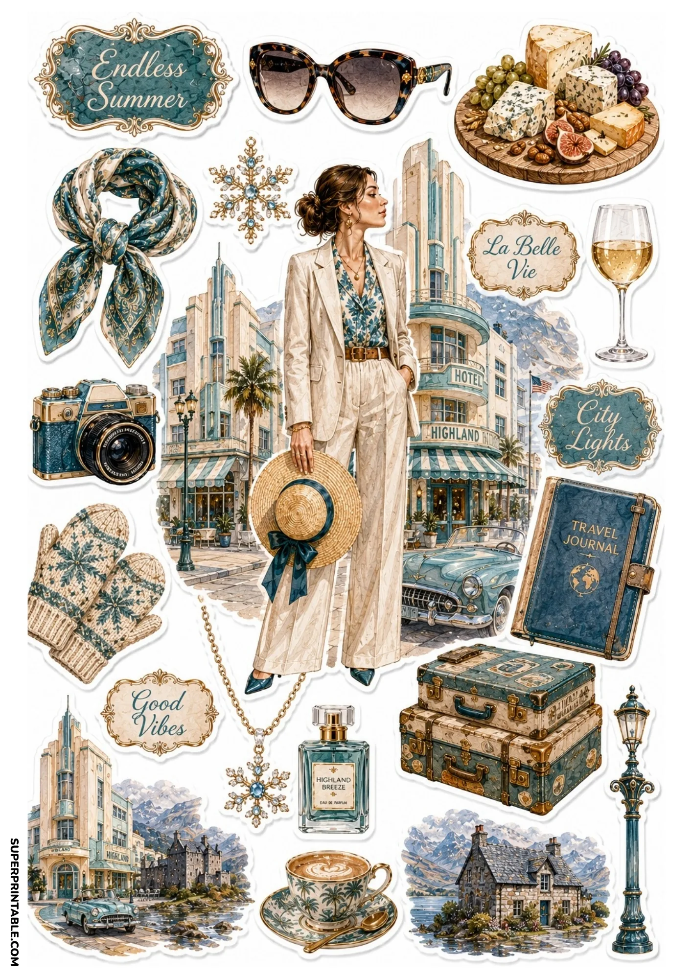 Art Deco travel sticker sheet with a woman in a cream suit, Highland Hotel building, vintage car, luggage, and travel journal.