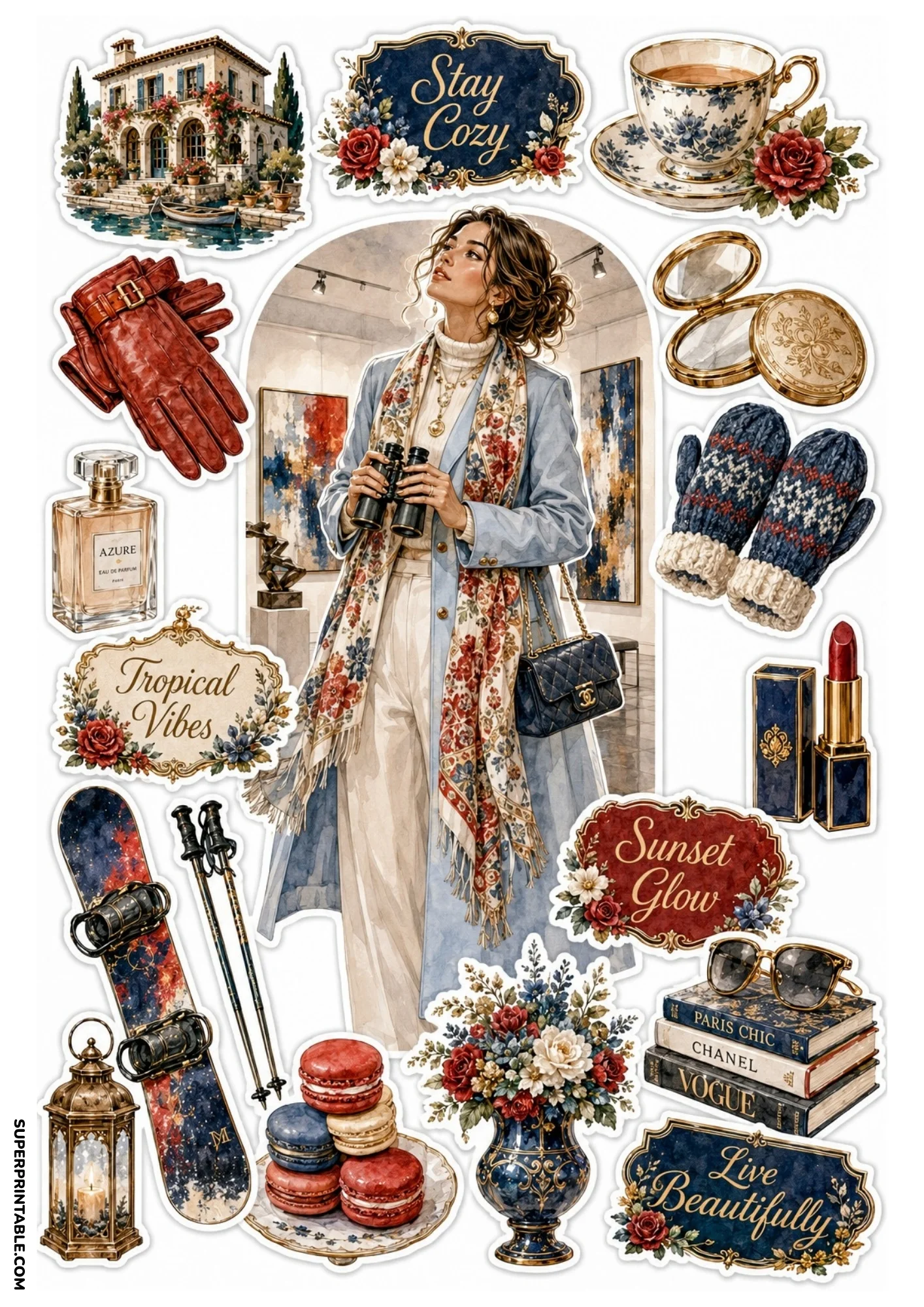 Printable sticker layout showing a woman holding binoculars in an art gallery, stack of fashion books, red leather gloves, snowboard, macarons, and floral vase.