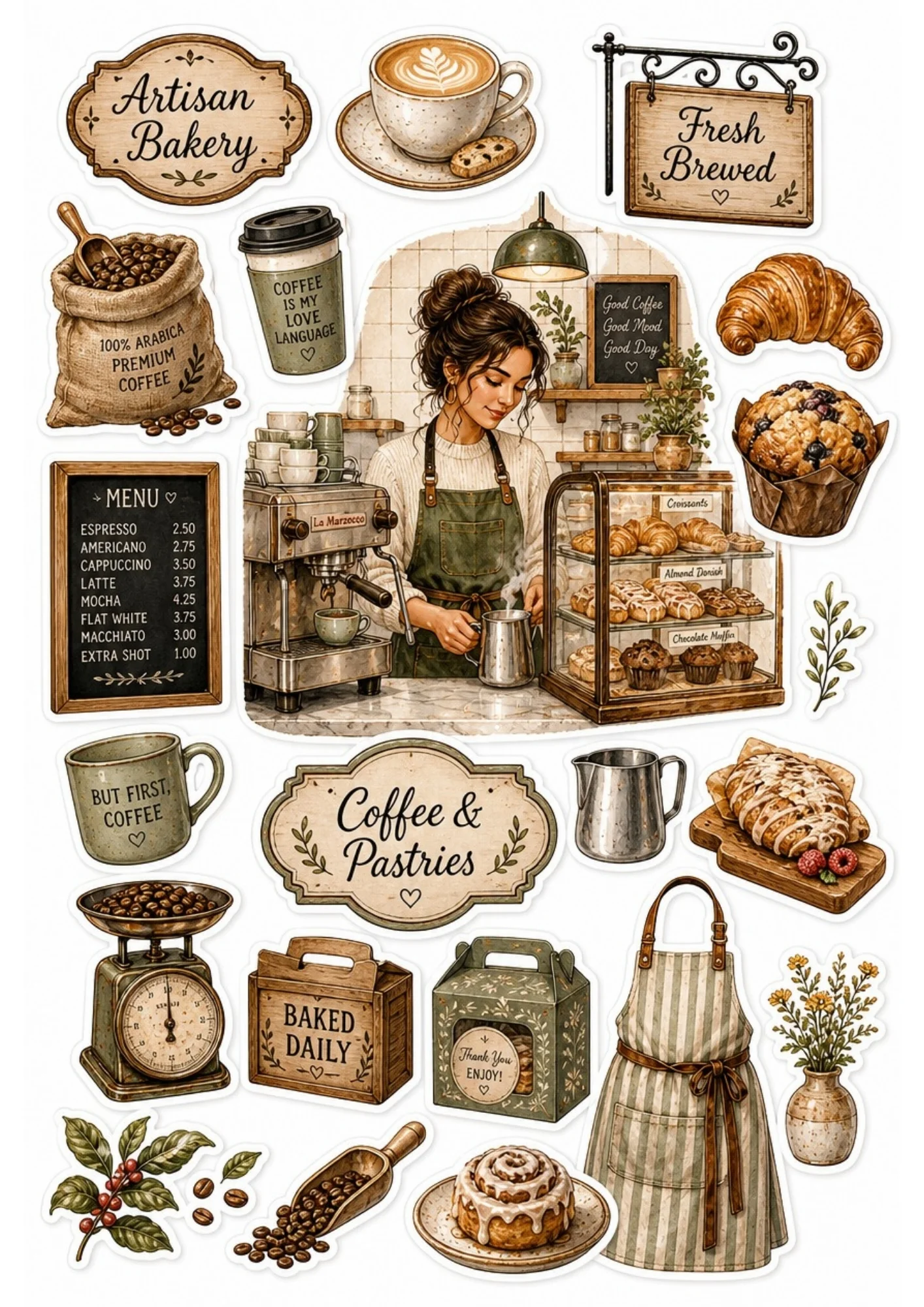 A girl barista operating a large espresso machine. Surrounding stickers include latte art cups, artisan pastries, and text saying 'Artisan Bakery' and 'Coffee is my love language'.