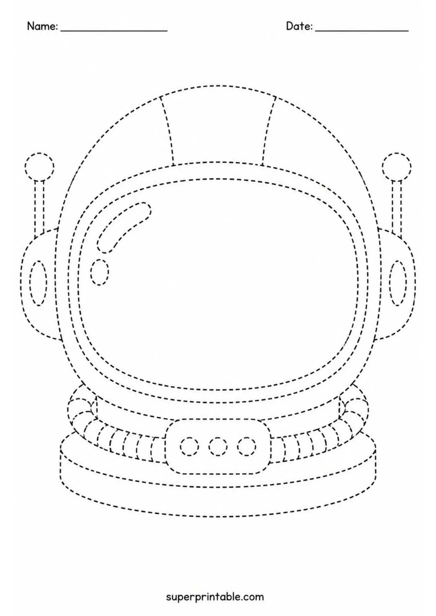 Black and white line art tracing page featuring a dashed outline of an astronaut helmet.