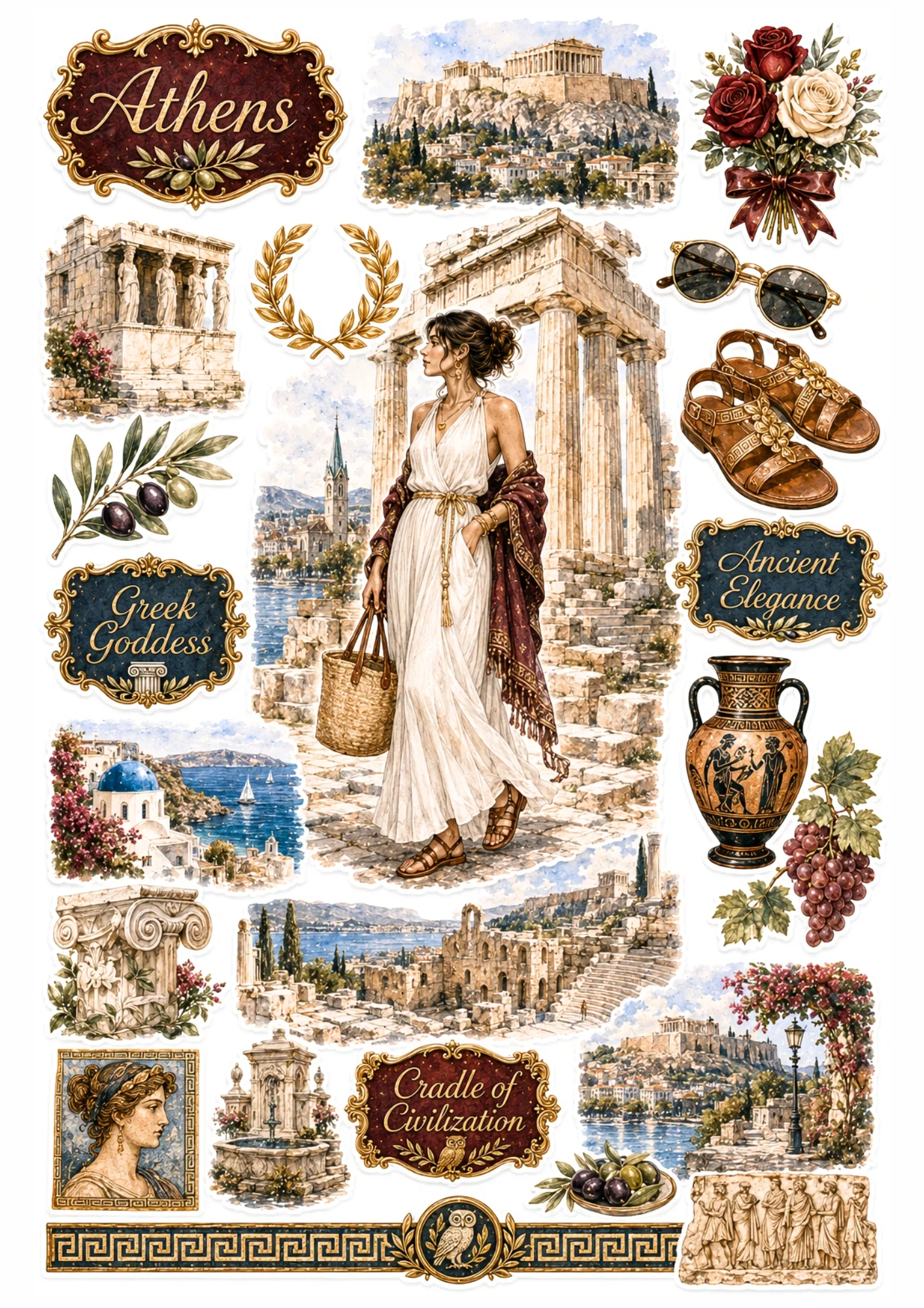 Athens sticker collection featuring a woman in a white goddess maxi dress at the Parthenon, olive branches, amphora, and sandals.