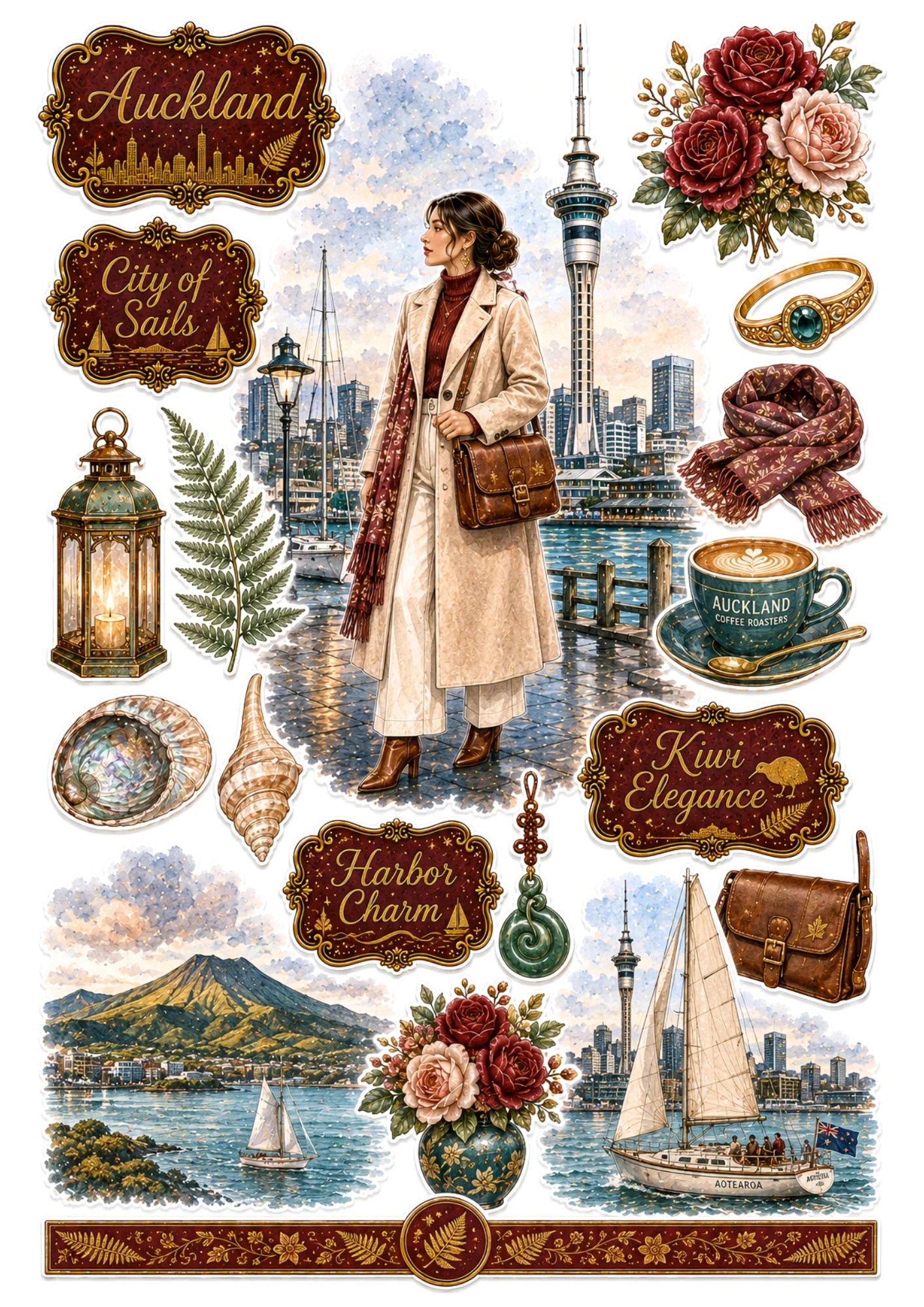 Auckland sticker collection depicting a woman in a cream coat at Viaduct Harbour with Sky Tower, silver fern, and greenstone pendant.