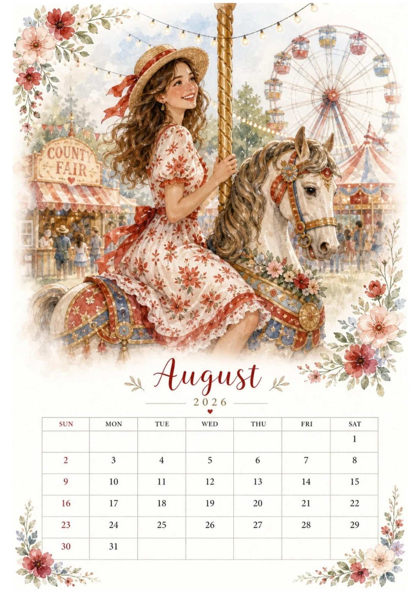 Watercolor illustration of a woman riding a decorated carousel horse at a county fair, without watermarks, for an August 2026 calendar.