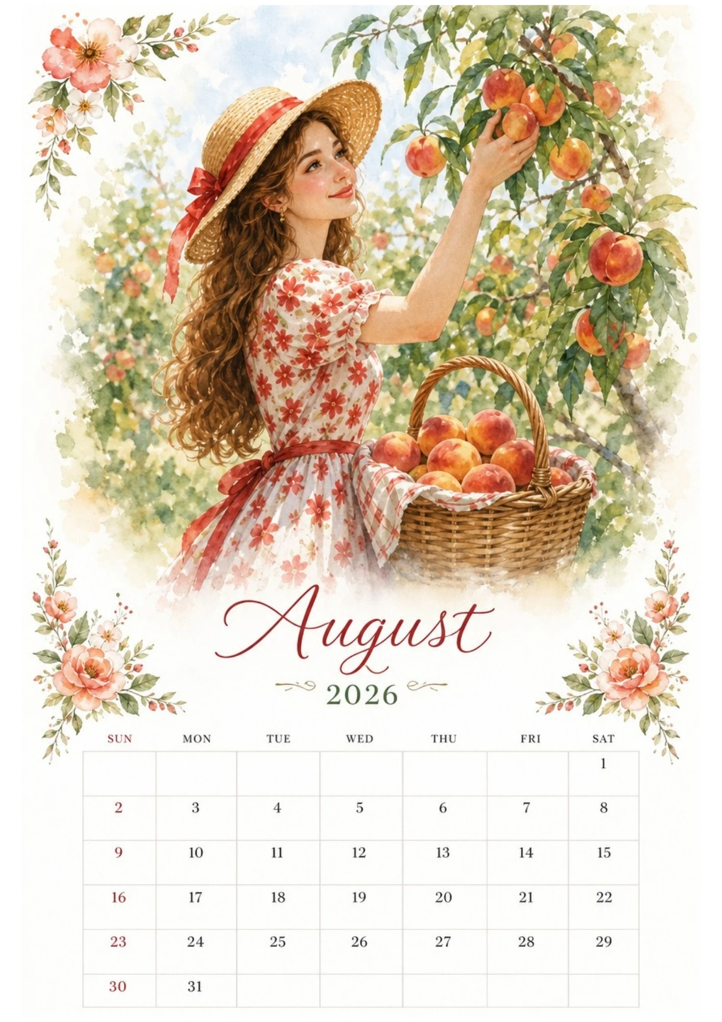 Watercolor illustration of a woman picking ripe peaches from a tree branch into a basket, without watermarks, for an August 2026 calendar.
