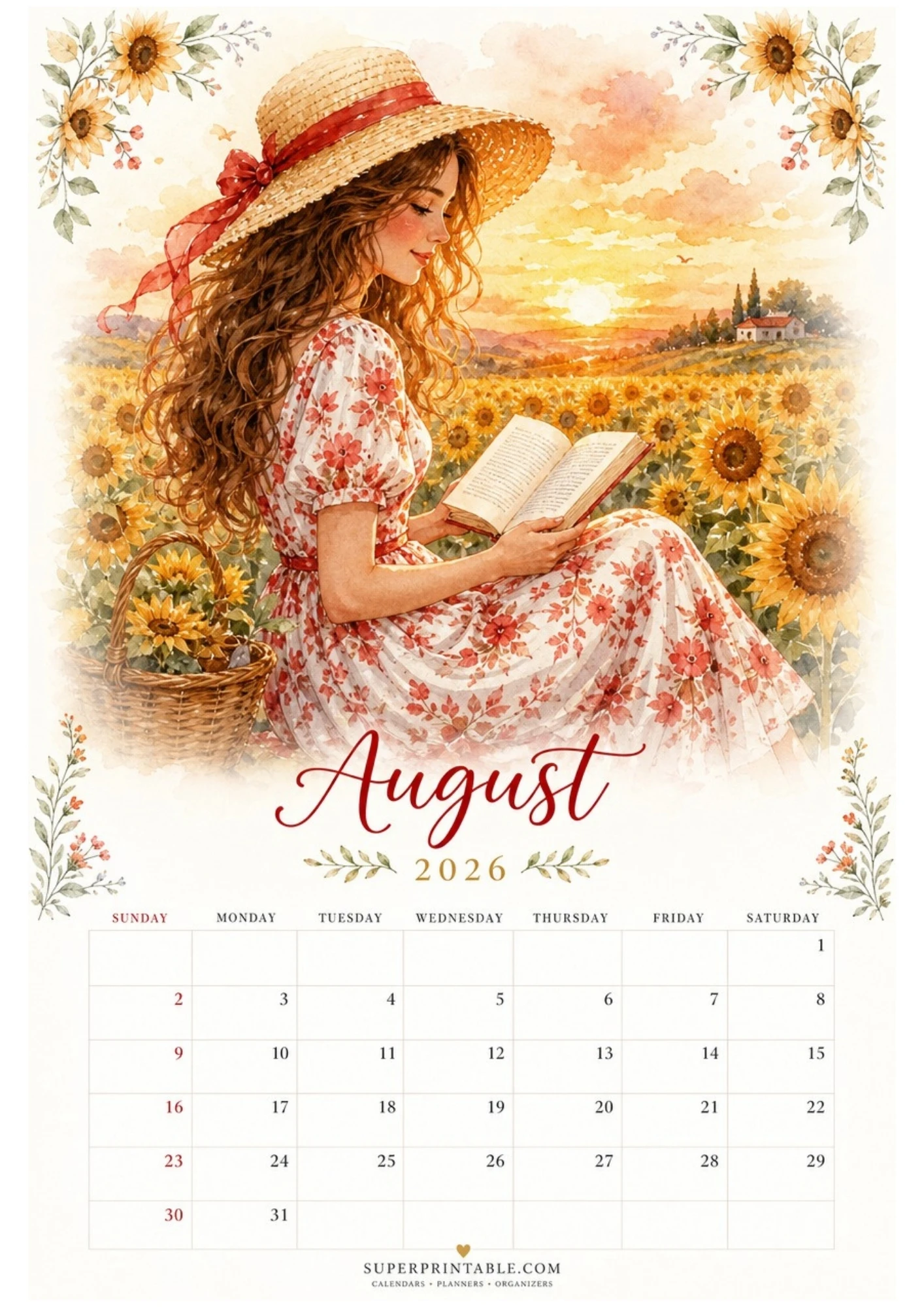 Watercolor illustration of a woman reading a book in a field of sunflowers, without watermarks, for an August 2026 calendar.