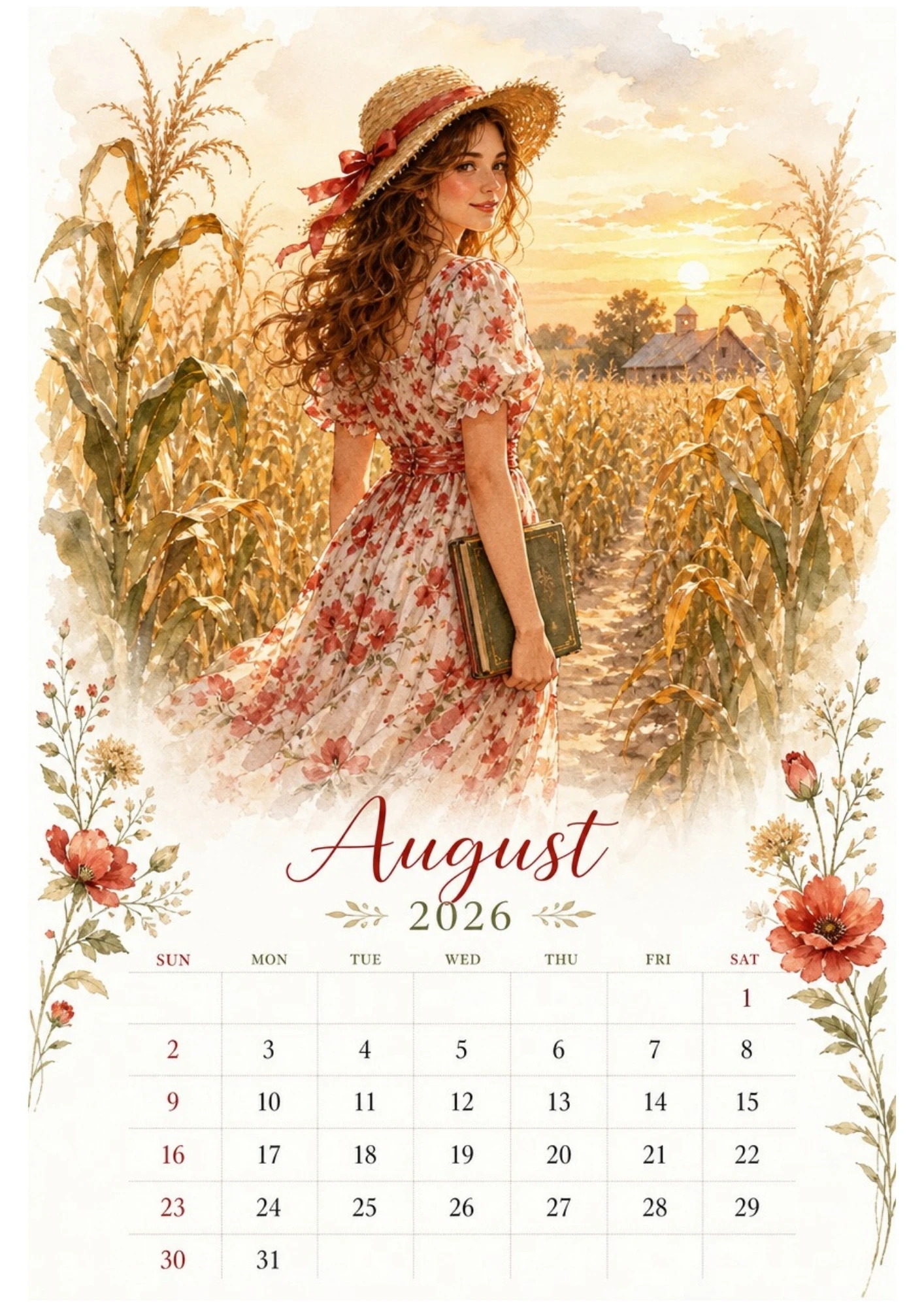 Watercolor illustration of a woman walking through a golden wheat field at sunset holding a journal, without watermarks, for an August 2026 calendar.